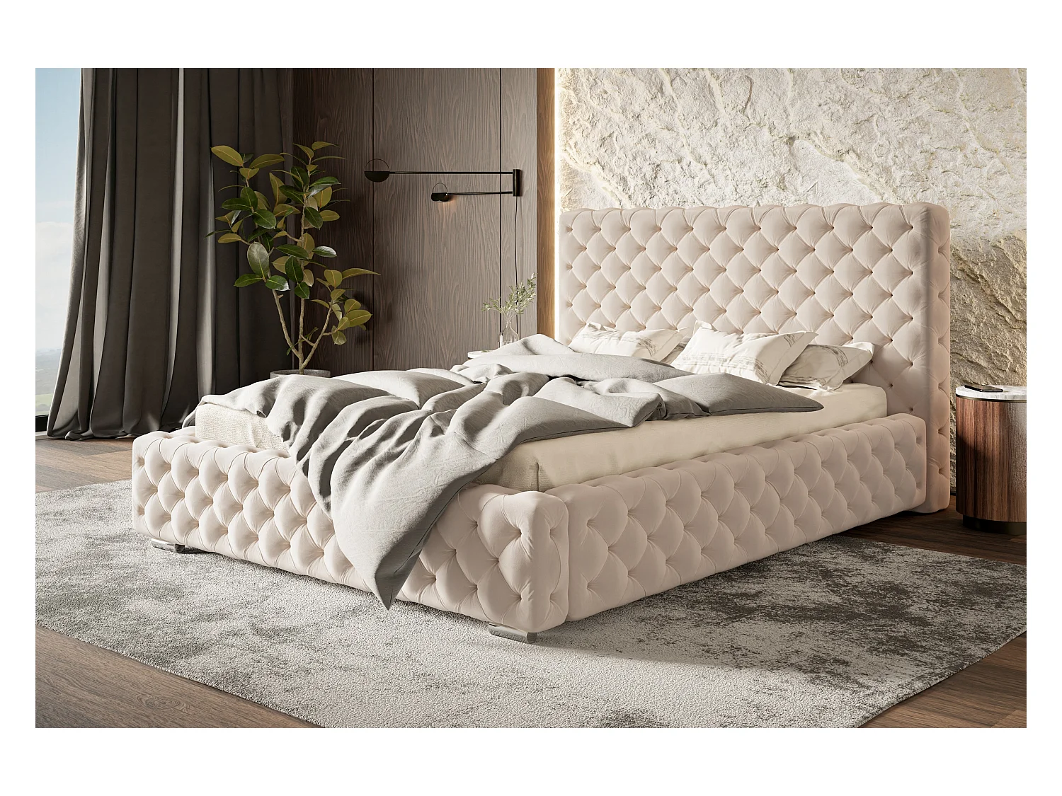 Lit rembourré Miami avec tête de lit, 120x200 cm, lit double avec coffre de rangement et sommier à lattes en bois, tissu velours, couleur : beige