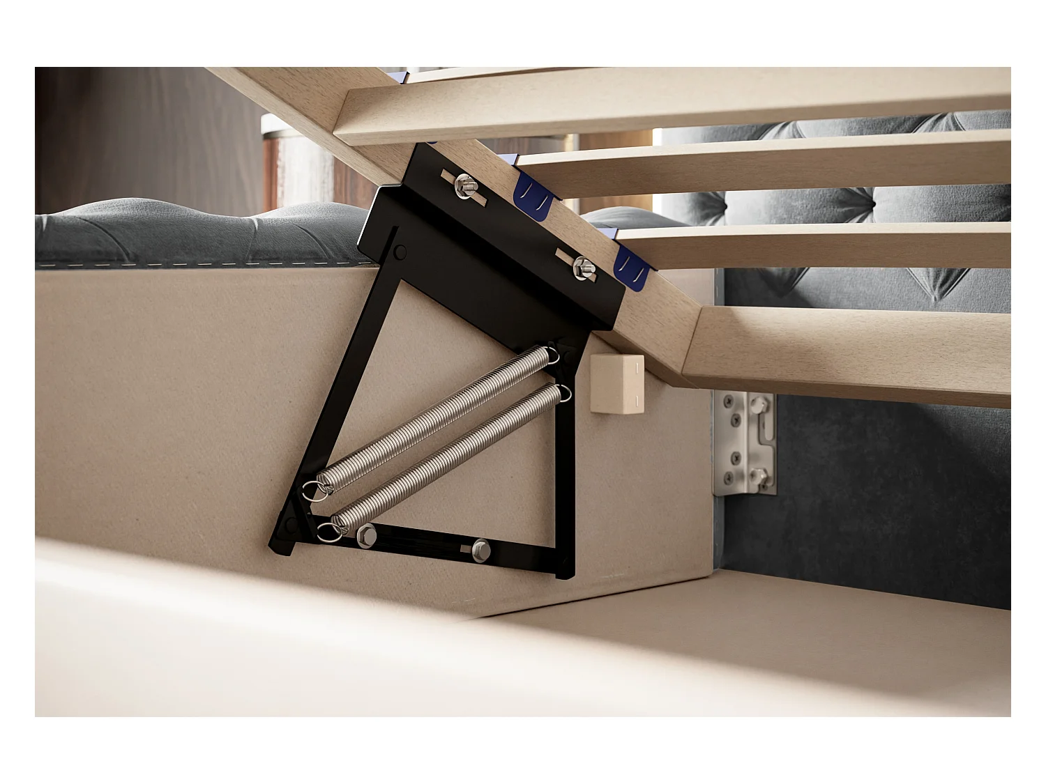 Lit rembourré Miami avec tête de lit, 120x200 cm, lit double avec coffre de rangement et sommier à lattes en bois, tissu velours, couleur : beige