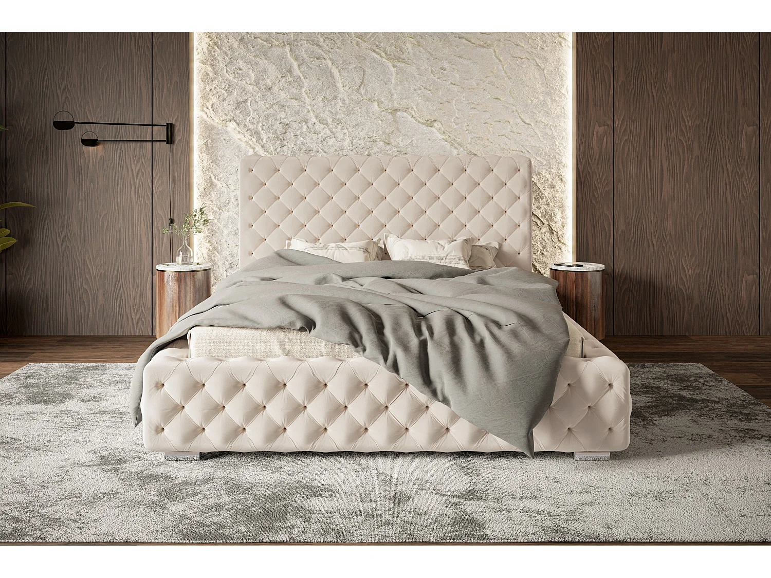 Lit rembourré Miami avec tête de lit, 120x200 cm,  avec coffre de rangement et sommier à lattes en bois, tissu velours, couleur: beige