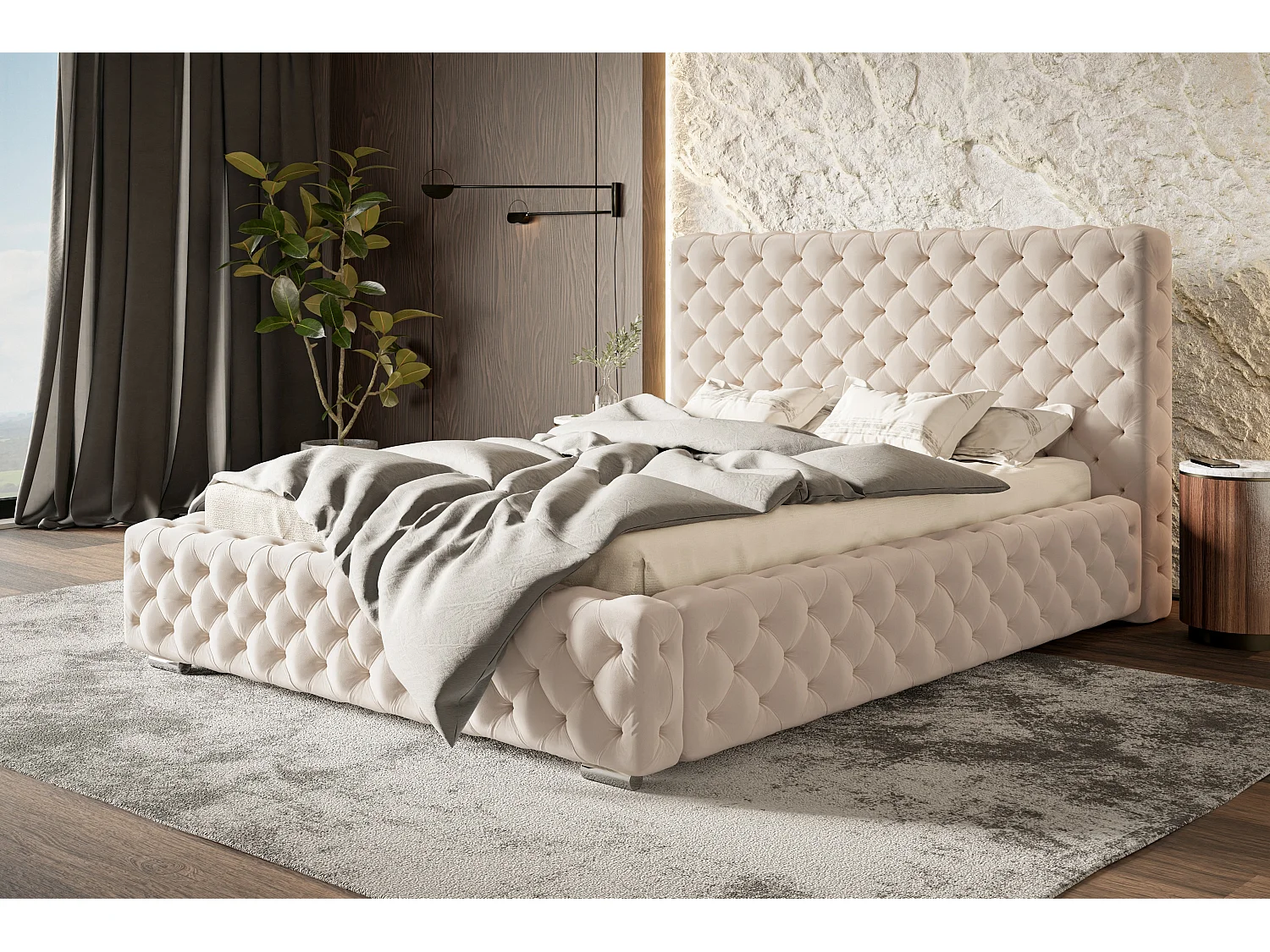 Lit rembourré Miami avec tête de lit, 120x200 cm,  avec coffre de rangement et sommier à lattes en bois, tissu velours, couleur: beige