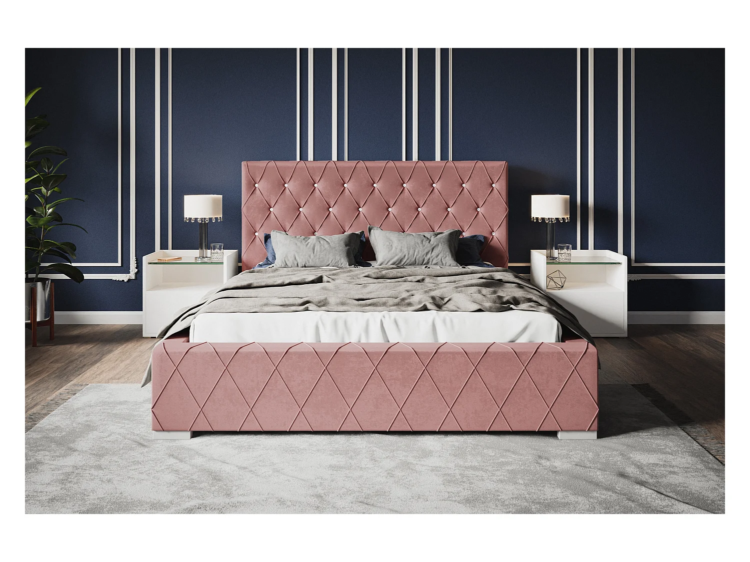 Lit rembourré Berlin avec tête de lit, 160 x 200 cm, lit double avec coffre de rangement et sommier à lattes en bois, tissu velours, couleur : rose