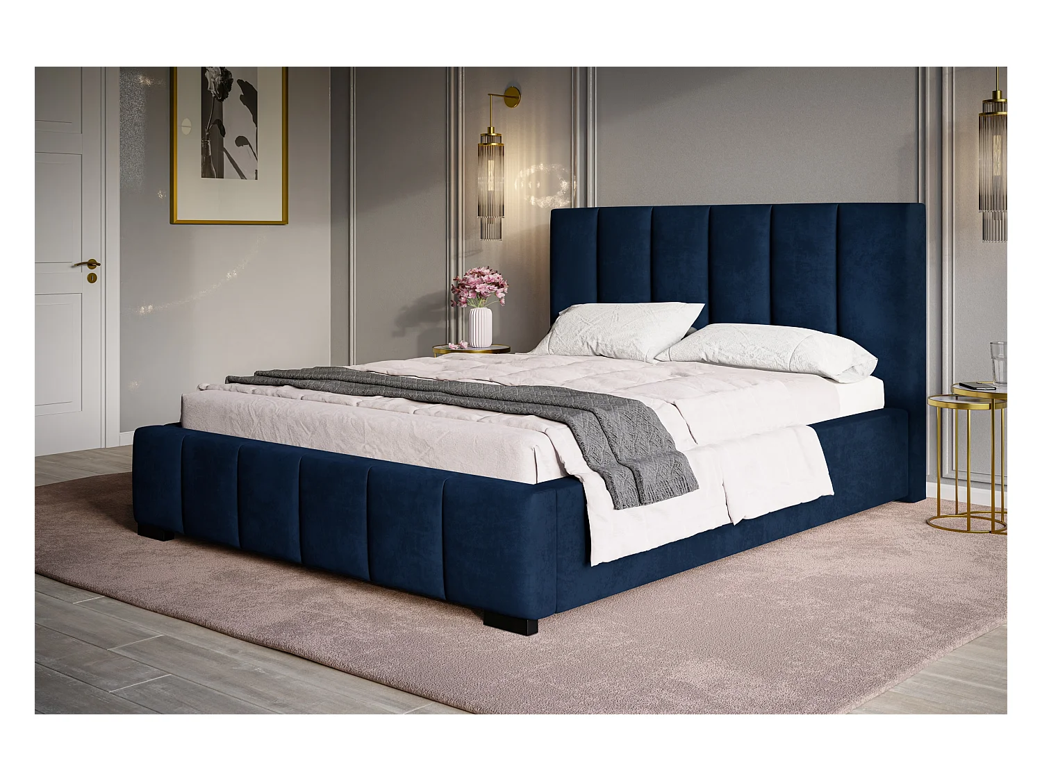 Lit rembourré Tokio avec tête de lit, 180x200 cm, lit double avec coffre de rangement et sommier à lattes en bois, tissu velours, couleur : bleu foncé