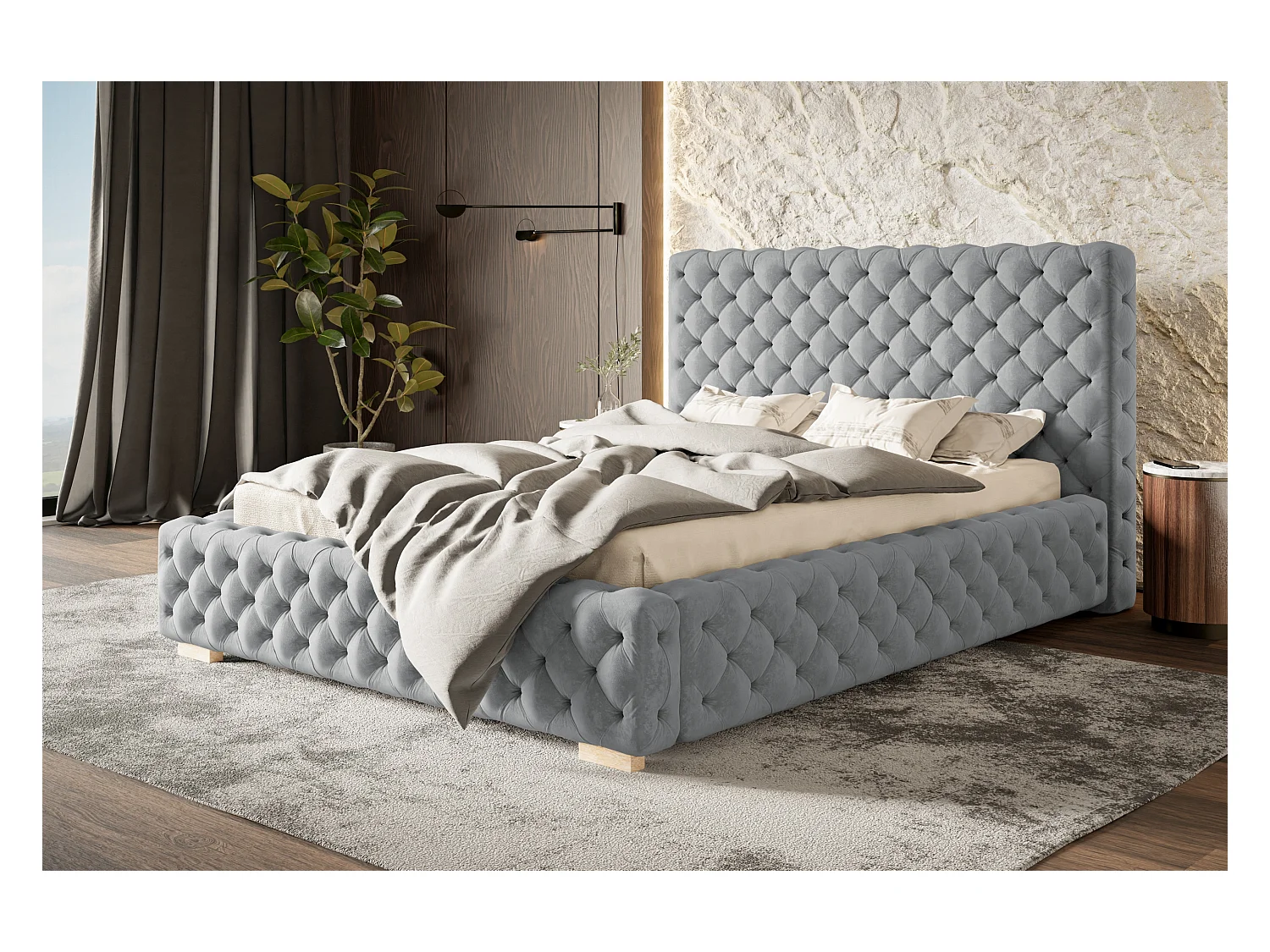 Lit rembourré Miami avec tête de lit, 140x200 cm, lit double avec coffre de rangement et sommier à lattes en bois, tissu velours, couleur : gris foncé