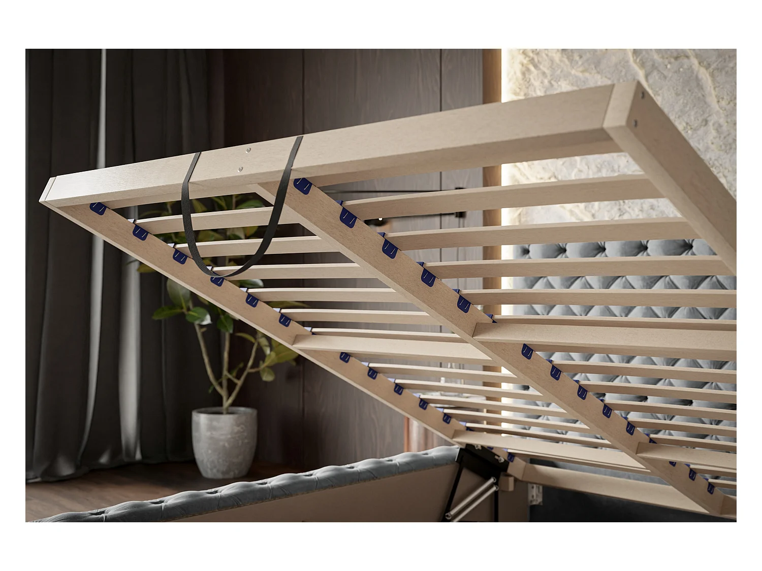 Lit rembourré Miami avec tête de lit, 140x200 cm, lit double avec coffre de rangement et sommier à lattes en bois, tissu velours, couleur : gris foncé