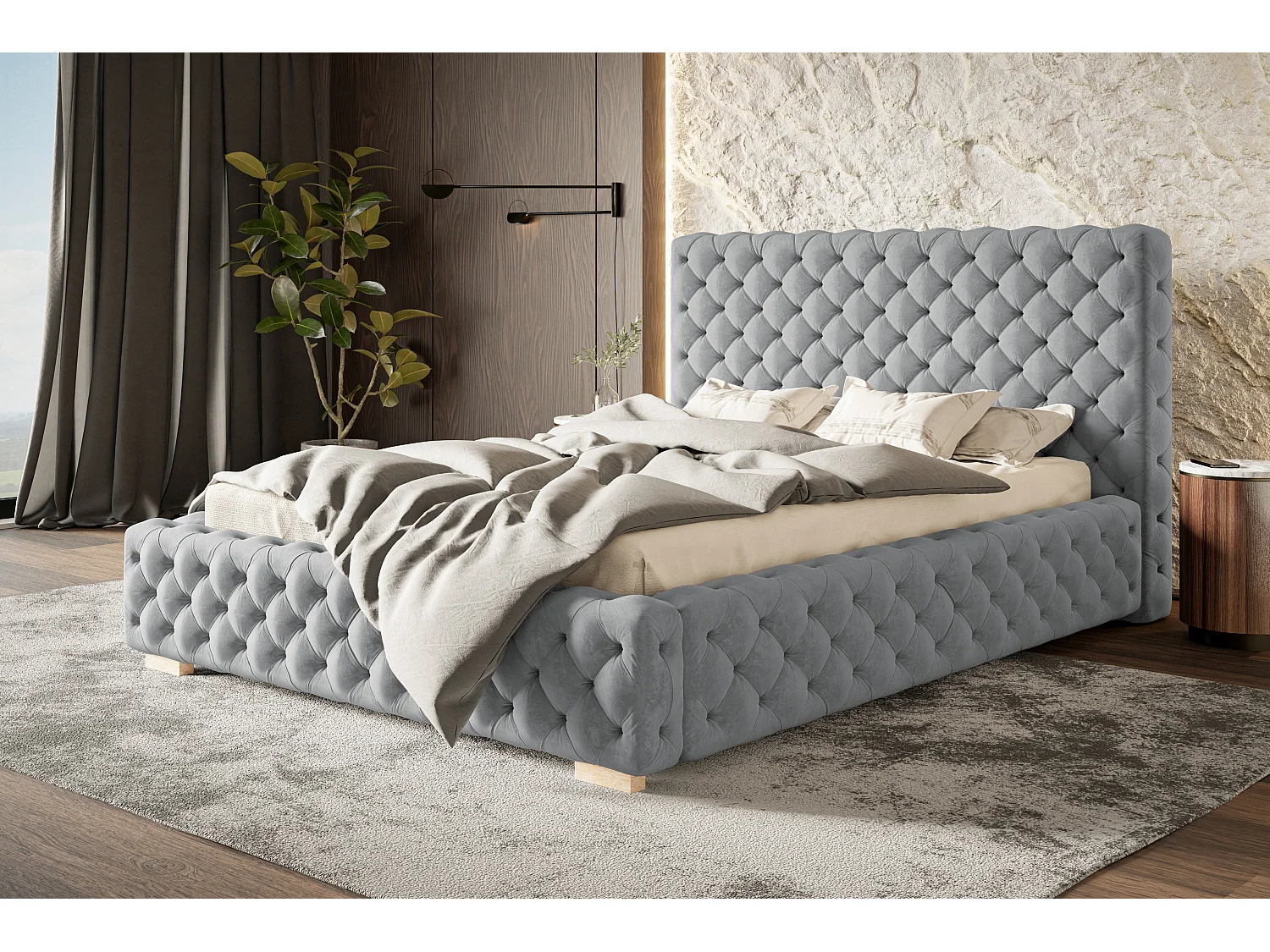 Lit rembourré Miami avec tête de lit, 140x200 cm,  avec coffre de rangement et sommier à lattes en bois, tissu velours, couleur: gris foncé