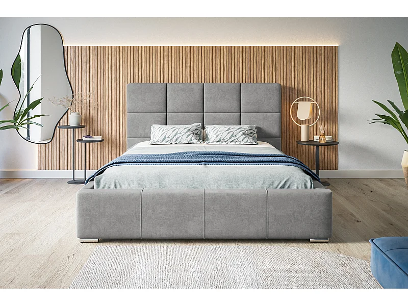 Lit rembourré Rom avec tête de lit, 160x200 cm, lit double avec coffre de rangement et sommier à lattes en bois, tissu velours, couleur : gris