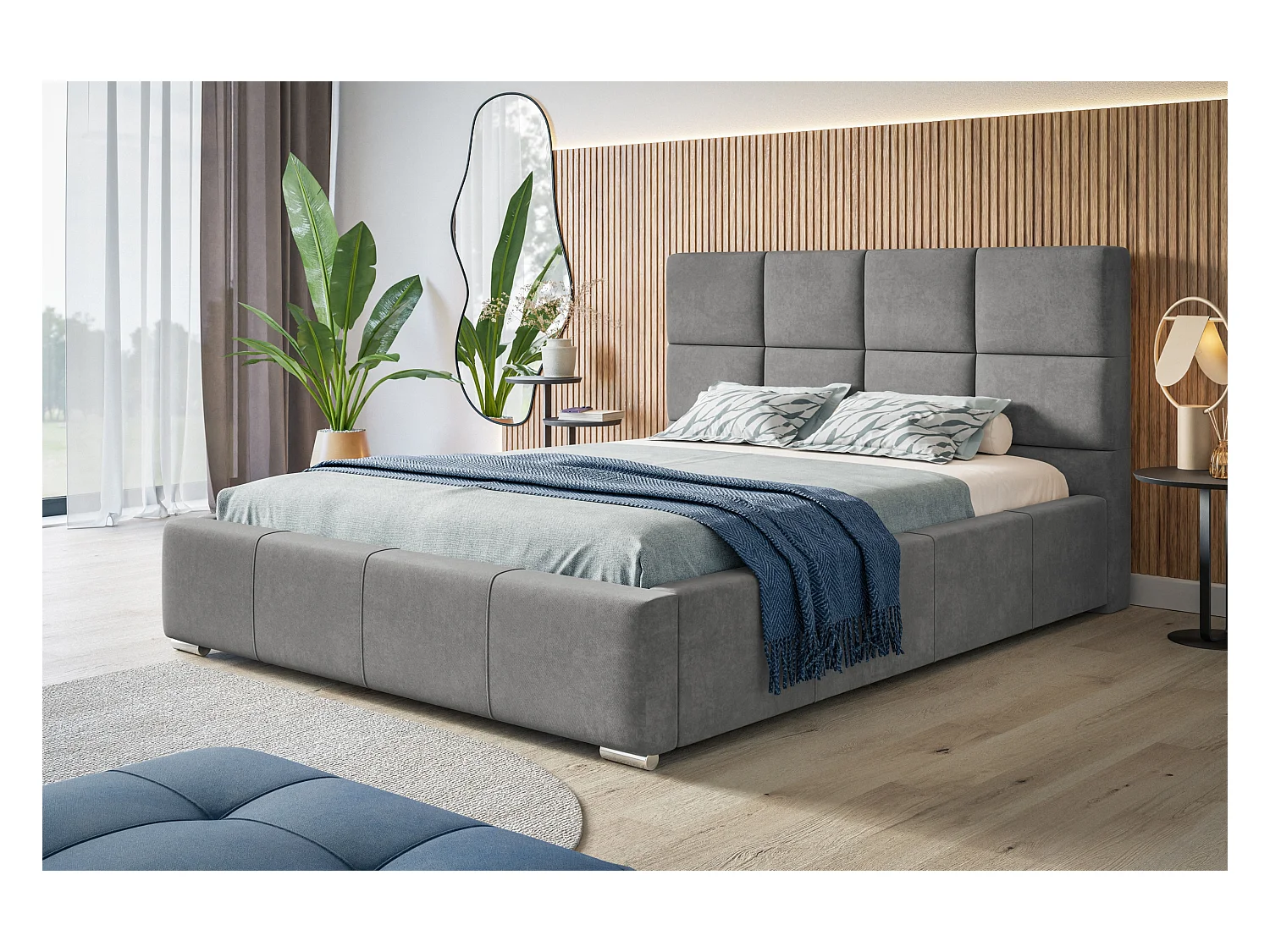 Lit rembourré Rom avec tête de lit, 160x200 cm, lit double avec coffre de rangement et sommier à lattes en bois, tissu velours, couleur : gris