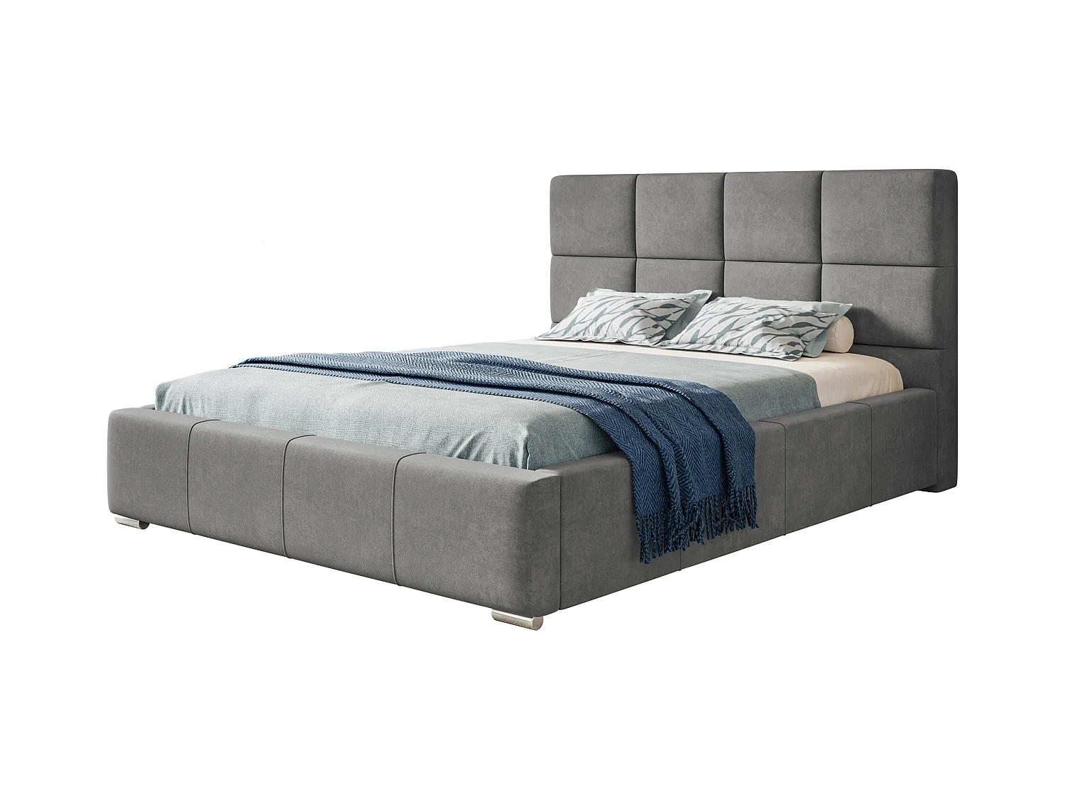 Lit rembourré Rom avec tête de lit, 160x200 cm, lit double avec coffre de rangement et sommier à lattes en bois, tissu velours, couleur : gris