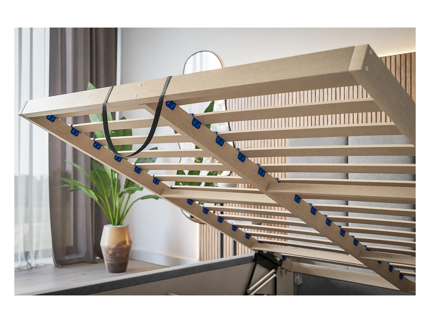 Lit rembourré Rom avec tête de lit, 160x200 cm, lit double avec coffre de rangement et sommier à lattes en bois, tissu velours, couleur : gris