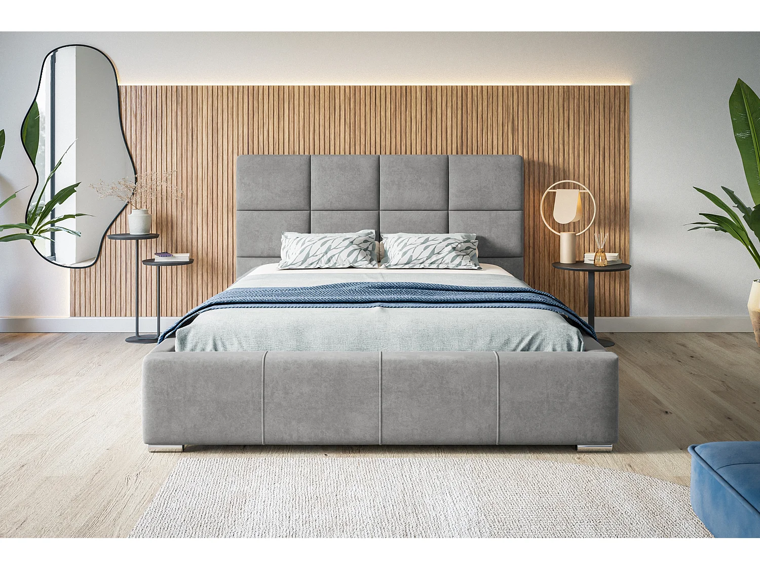 Lit rembourré Rom avec tête de lit, 160x200 cm,  avec coffre de rangement et sommier à lattes en bois, tissu velours, couleur: gris