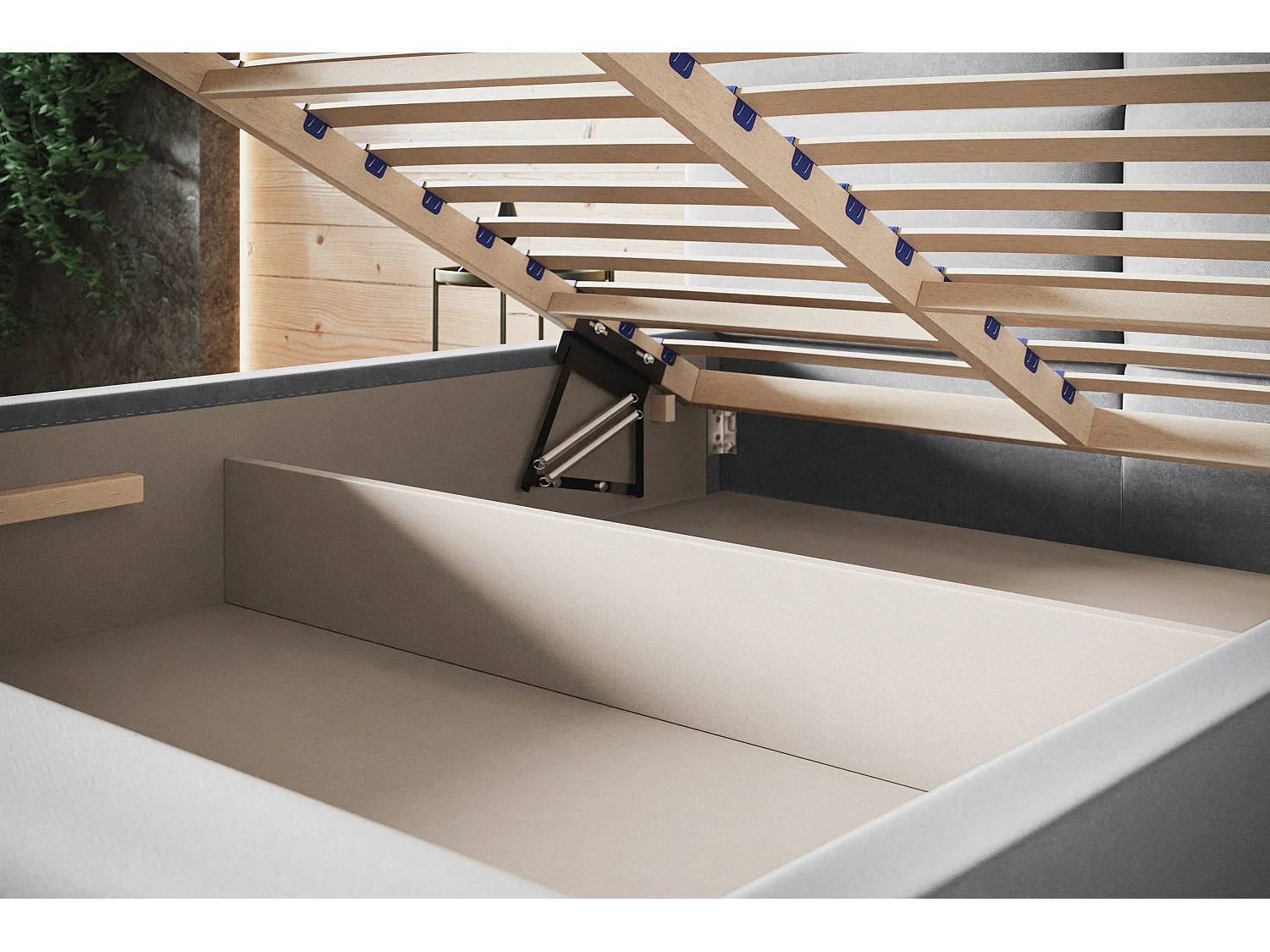 Lit rembourré Lissabon avec tête de lit, 120x200 cm, lit double avec coffre de rangement et sommier à lattes en bois, tissu structuré, couleur : gris