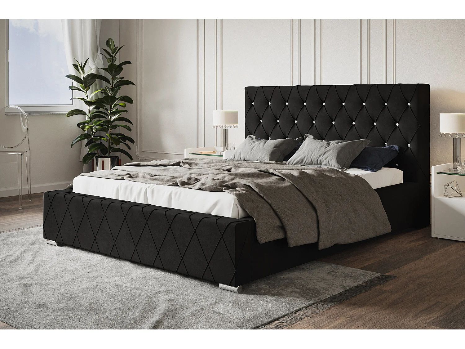 Lit rembourré Berlin avec tête de lit, 180x200 cm,  avec coffre de rangement et sommier à lattes en bois, tissu velours, couleur: noir