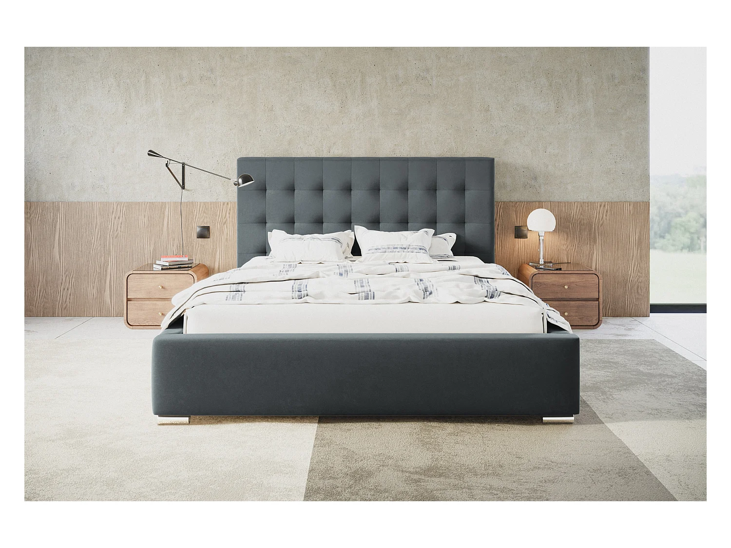 Lit rembourré RIO avec tête de lit, 120x200 cm, lit double avec coffre de rangement et sommier à lattes en bois, tissu velours, couleur : gris foncé