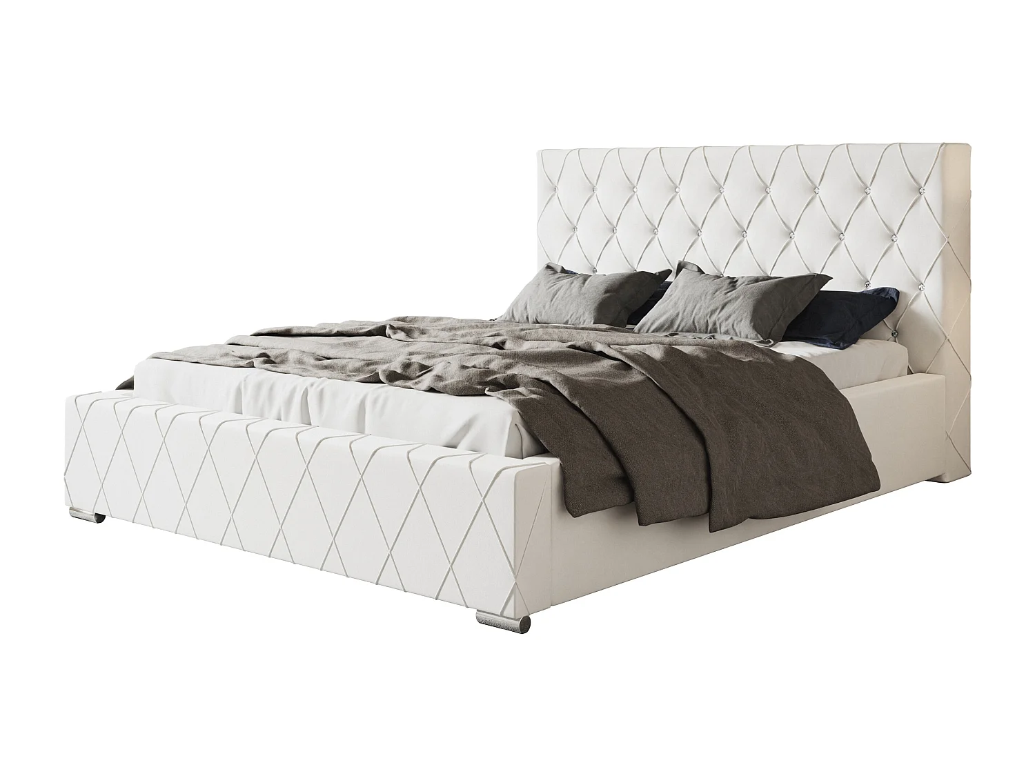 Lit rembourré Berlin avec tête de lit, 180x200 cm,  avec coffre de rangement et sommier à lattes en bois, similicuir, couleur: blanc