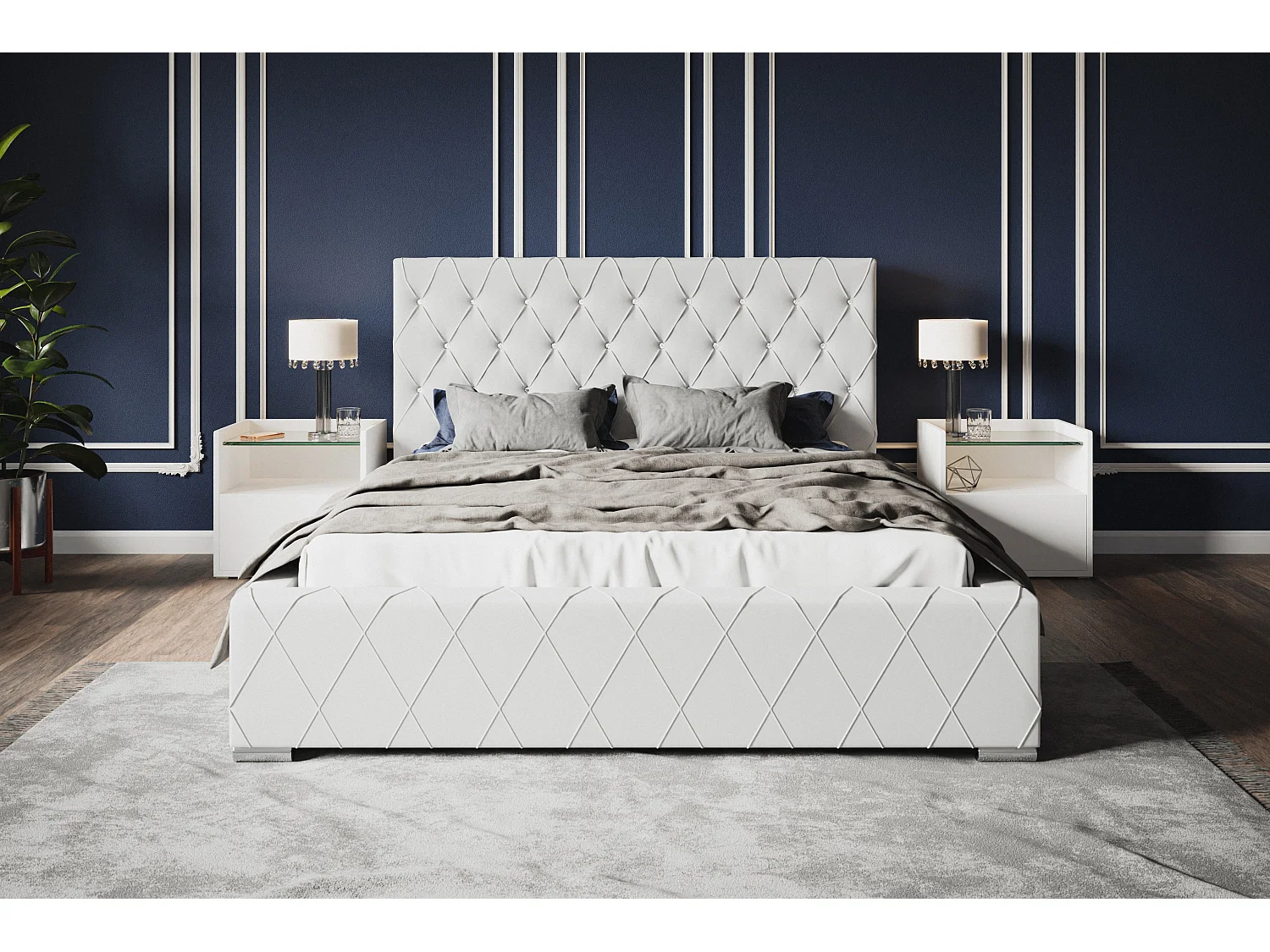 Lit rembourré Berlin avec tête de lit, 180x200 cm,  avec coffre de rangement et sommier à lattes en bois, similicuir, couleur: blanc