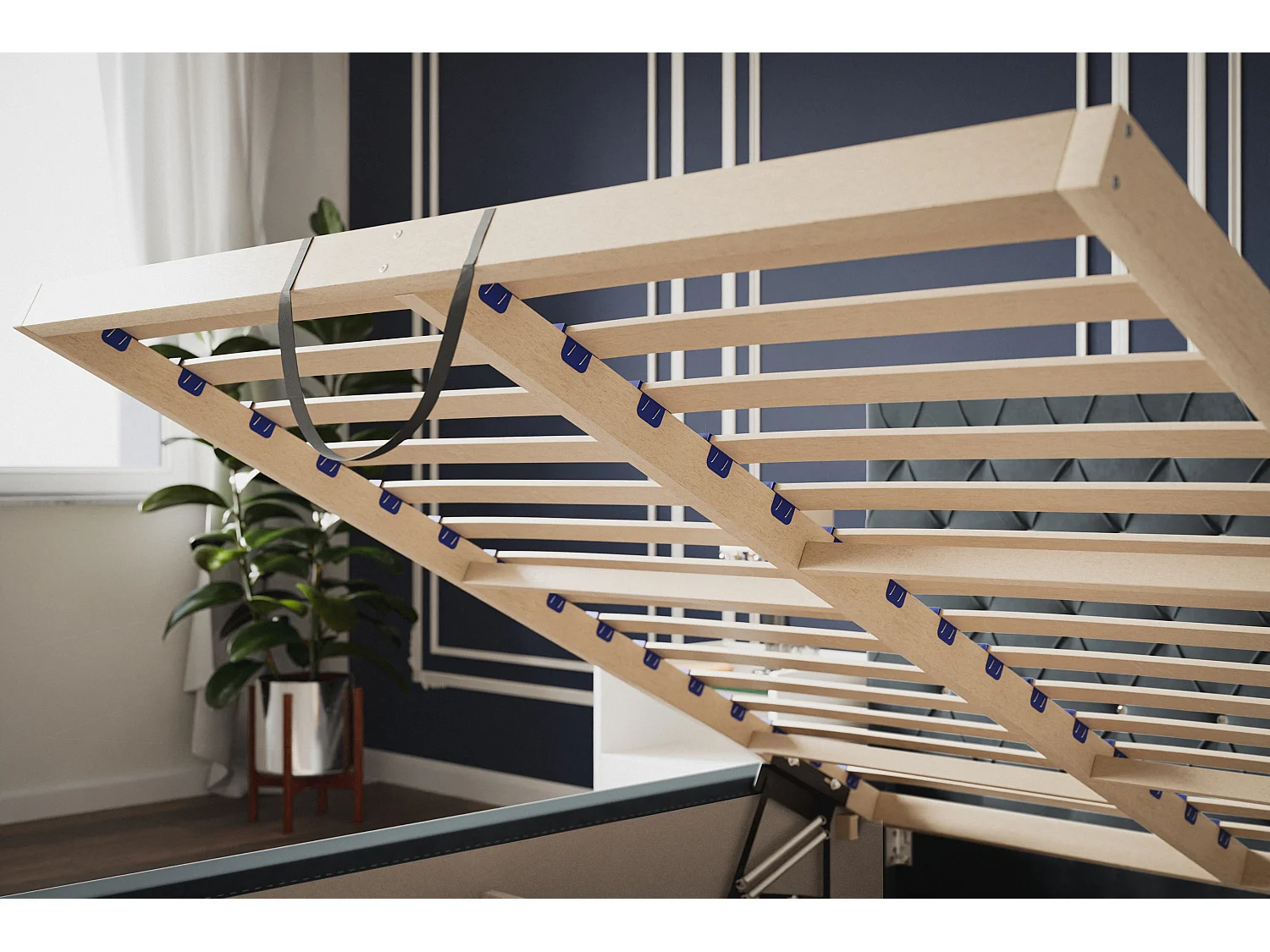 Lit rembourré Berlin avec tête de lit, 180x200 cm,  avec coffre de rangement et sommier à lattes en bois, similicuir, couleur: blanc