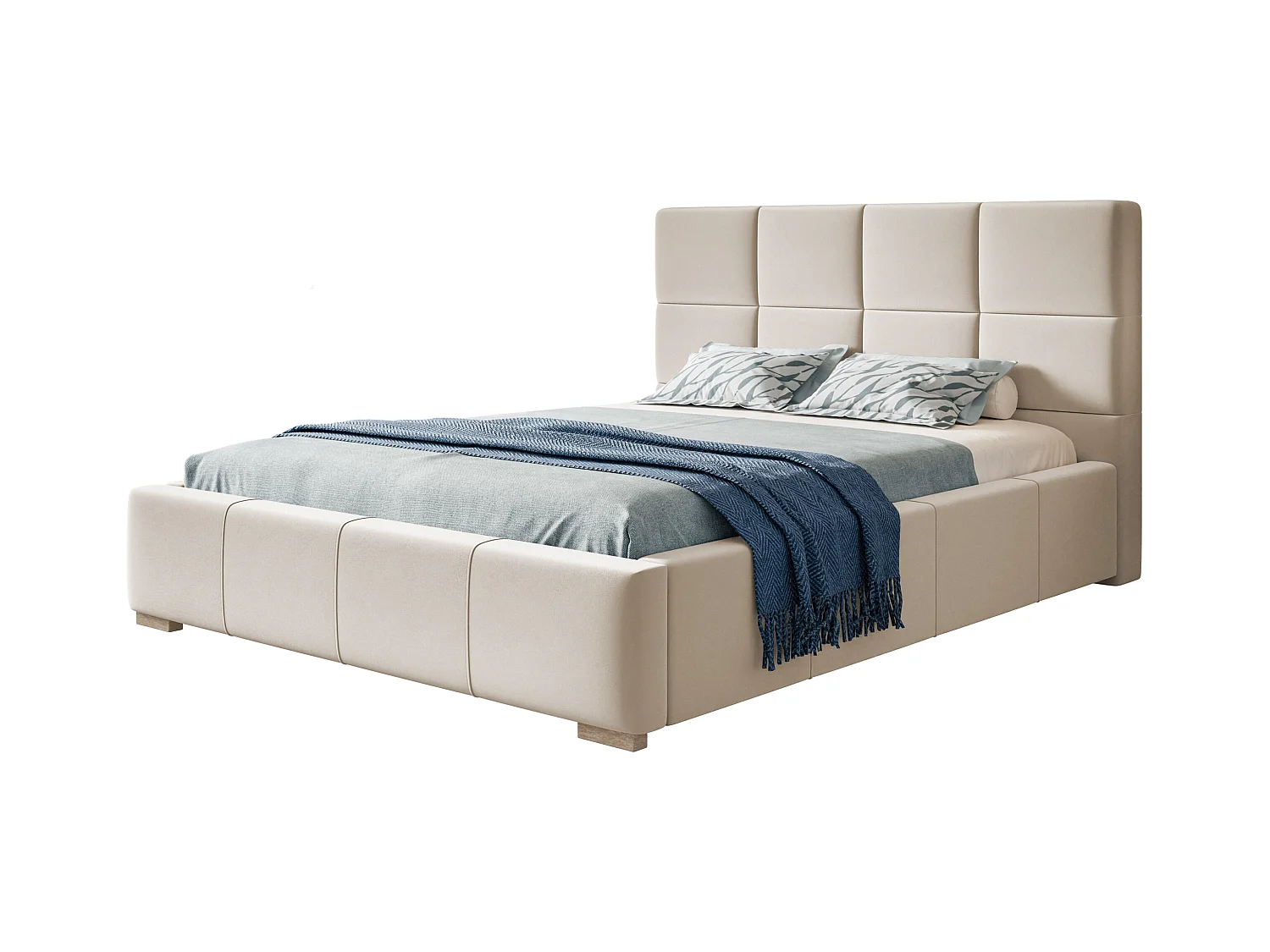 Lit rembourré Rom avec tête de lit, 160x200 cm, lit double avec coffre de rangement et sommier à lattes en bois, tissu velours, couleur : sable
