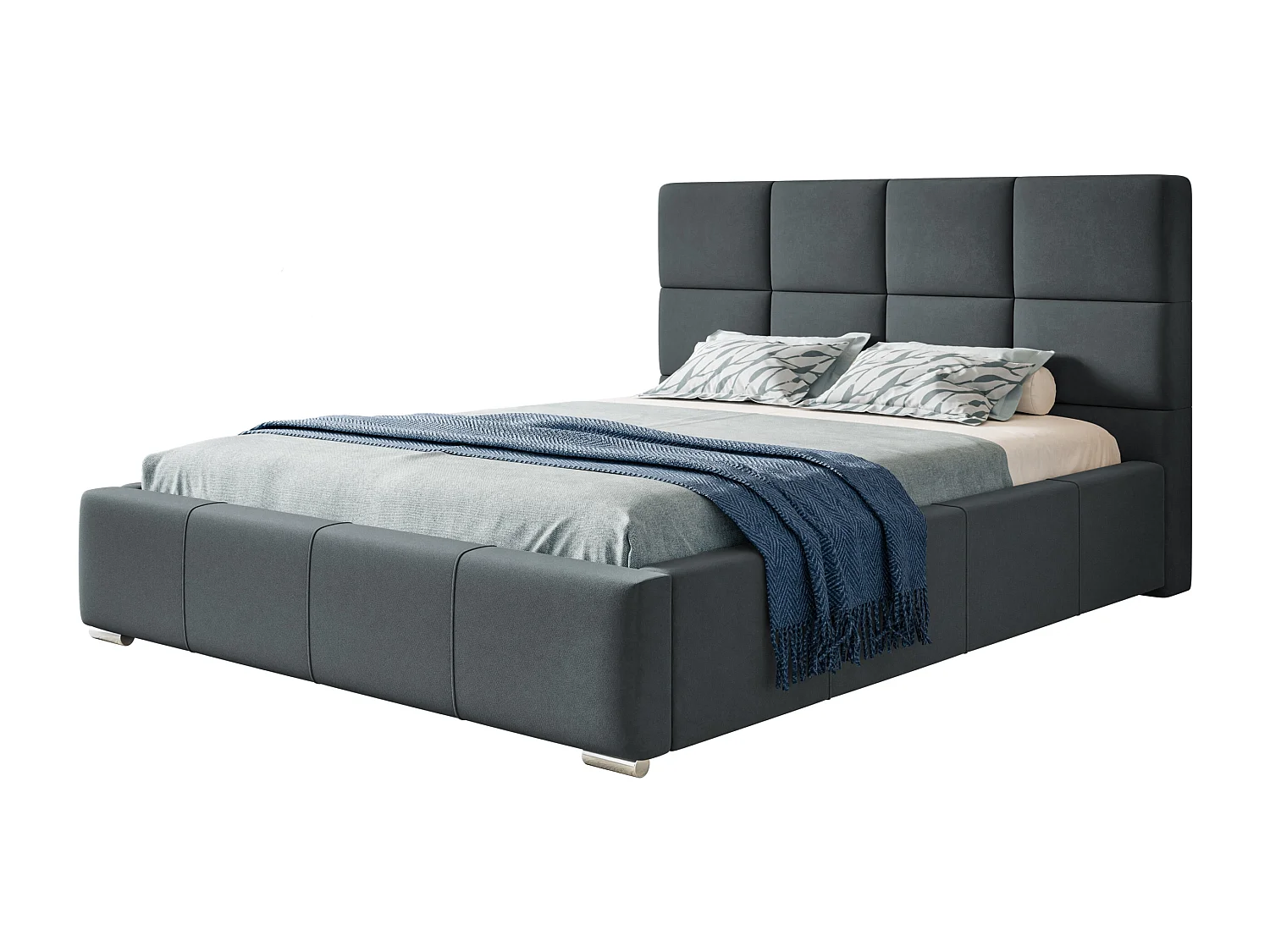 Lit rembourré Rom avec tête de lit, 120x200 cm, lit double avec coffre de rangement et sommier à lattes en bois, tissu velours, couleur : gris foncé