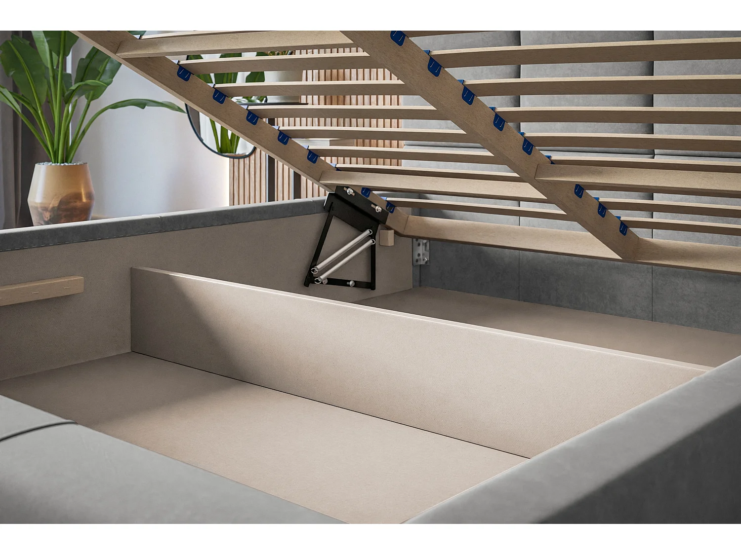 Lit rembourré Rom avec tête de lit, 120x200 cm, lit double avec coffre de rangement et sommier à lattes en bois, tissu velours, couleur : gris foncé