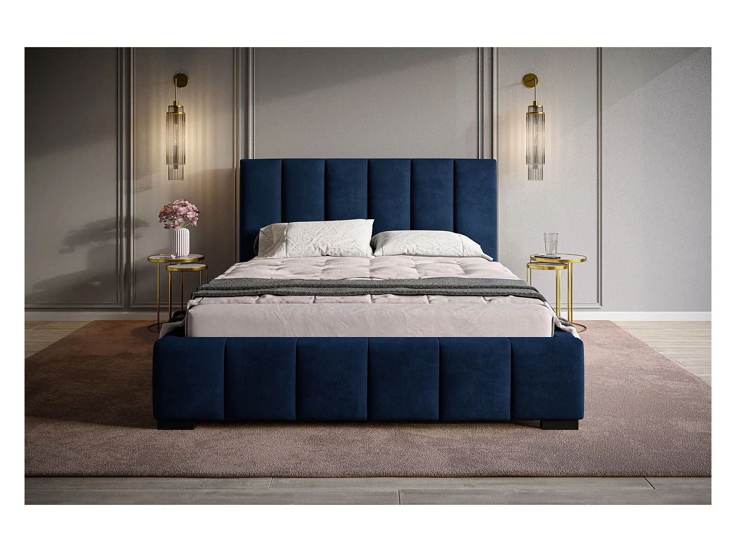 Lit rembourré Tokio avec tête de lit, 140x200 cm, lit double avec coffre de rangement et sommier à lattes en bois, tissu velours, couleur : bleu foncé