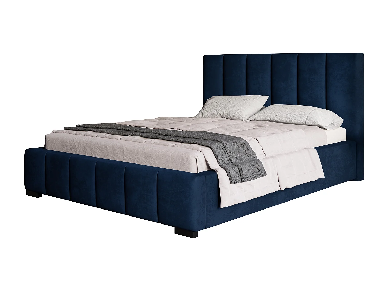 Lit rembourré Tokio avec tête de lit, 140x200 cm,  avec coffre de rangement et sommier à lattes en bois, tissu velours, couleur: bleu foncé