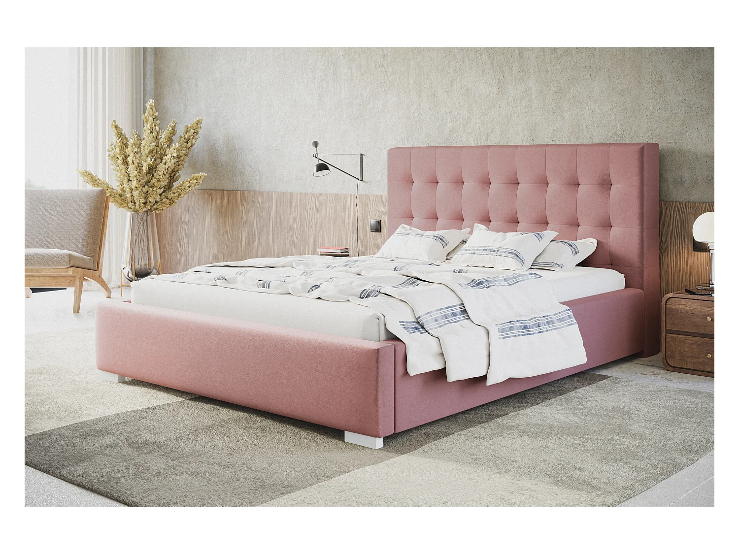 Lit rembourré RIO avec tête de lit, 180x200 cm, lit double avec coffre de rangement et sommier à lattes en bois, tissu velours, couleur : rose