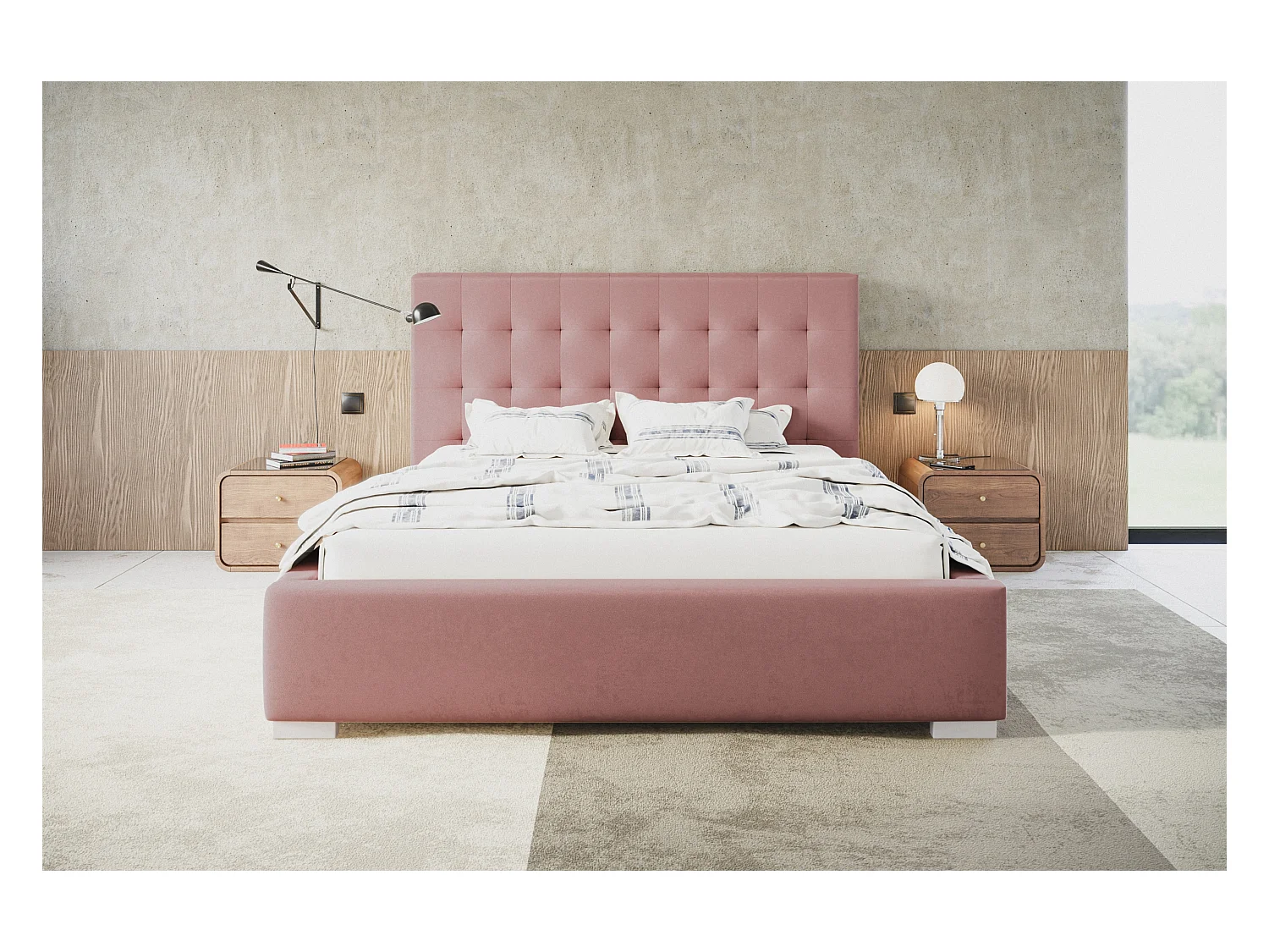 Lit rembourré RIO avec tête de lit, 180x200 cm, lit double avec coffre de rangement et sommier à lattes en bois, tissu velours, couleur : rose