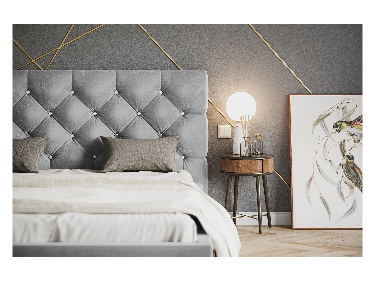 Lit rembourré BOSTON SLIM avec tête de lit, 180 x 200 cm, lit double avec coffre de rangement et sommier à lattes en bois, couleur : gris, tissu velours