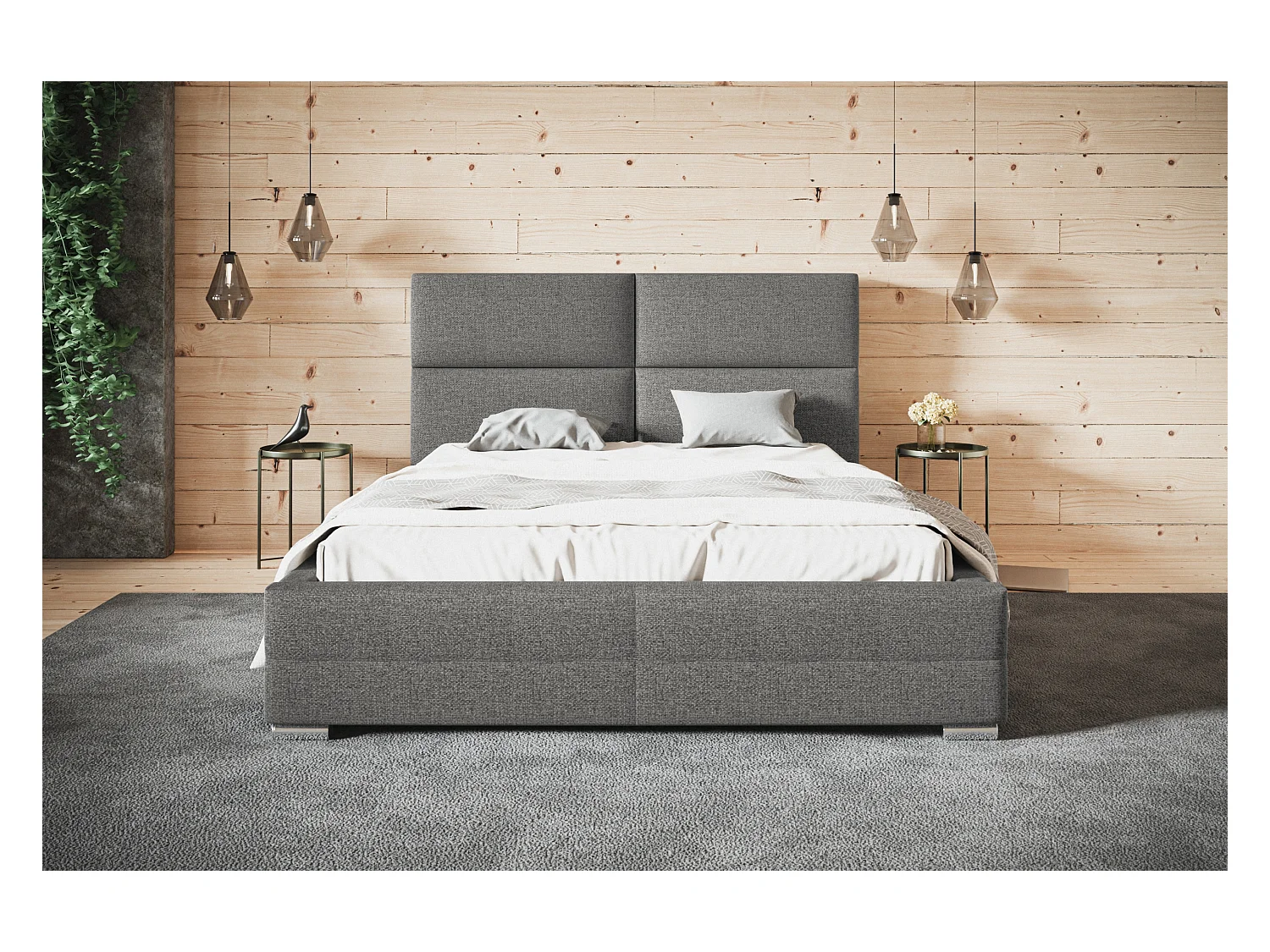 Lit rembourré Lisbonne avec tête de lit, 140x200 cm, lit double avec coffre de rangement et sommier à lattes en bois, tissu structuré, couleur : gris