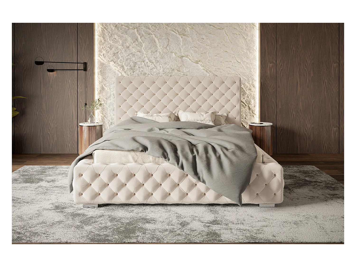 Lit rembourré Miami avec tête de lit, 180x200 cm, lit double avec coffre de rangement et sommier à lattes en bois, tissu velours, couleur : beige