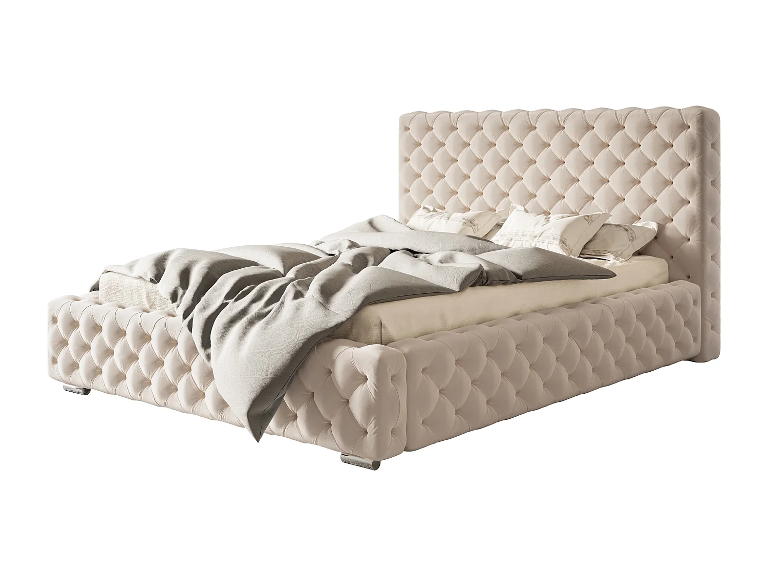 Lit rembourré Miami avec tête de lit, 180x200 cm,  avec coffre de rangement et sommier à lattes en bois, tissu velours, couleur: beige