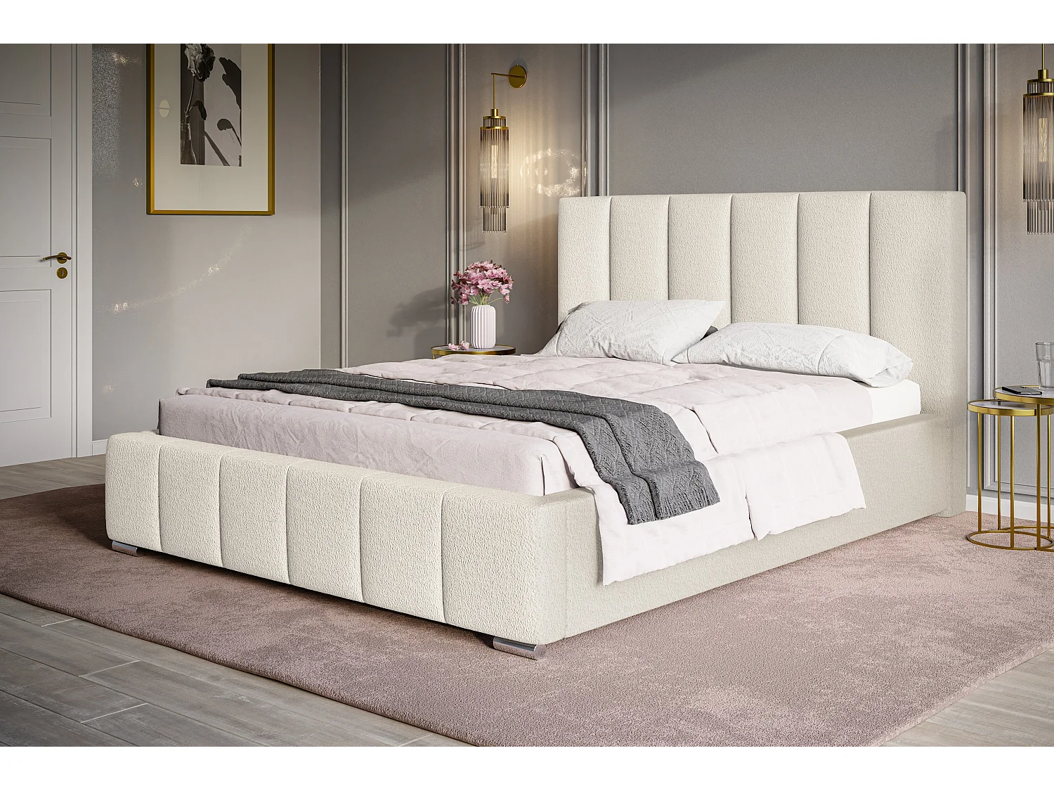 Lit rembourré Tokio avec tête de lit, 160x200 cm,  avec coffre de rangement et sommier à lattes en bois, tissu velours, couleur: gris foncé