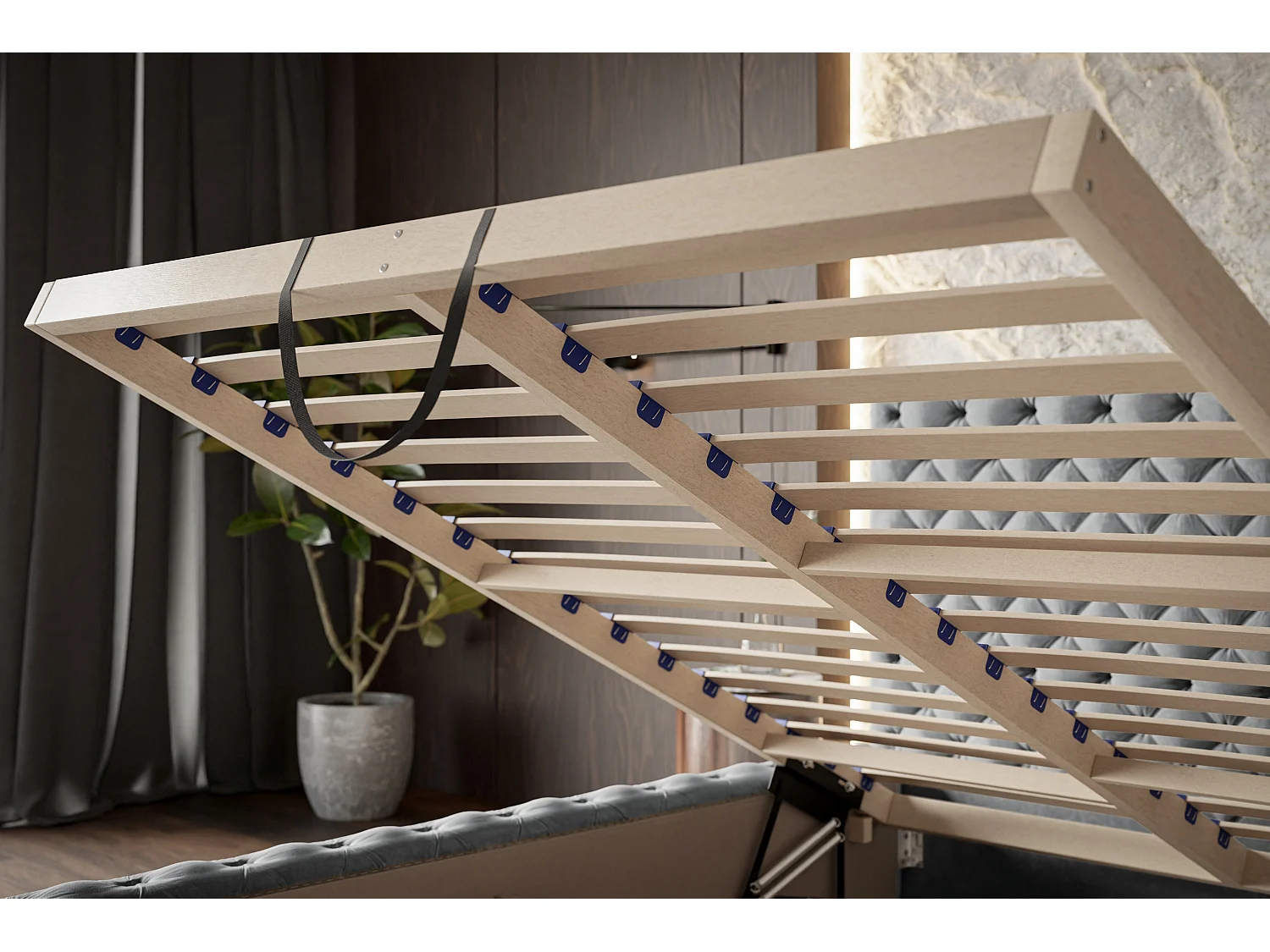 Lit rembourré Miami avec tête de lit, 120x200 cm, lit double avec coffre de rangement et sommier à lattes en bois, tissu velours, couleur : gris foncé