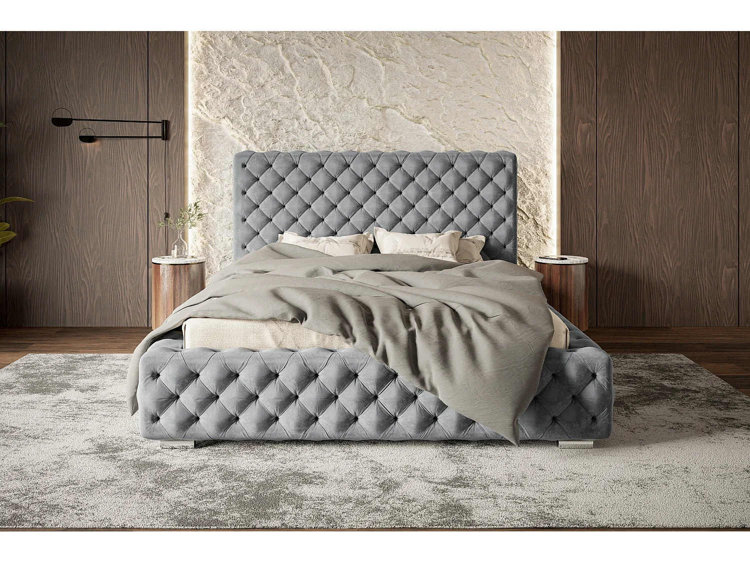 Lit rembourré Miami avec tête de lit, 120x200 cm,  avec coffre de rangement et sommier à lattes en bois, tissu velours, couleur: gris foncé
