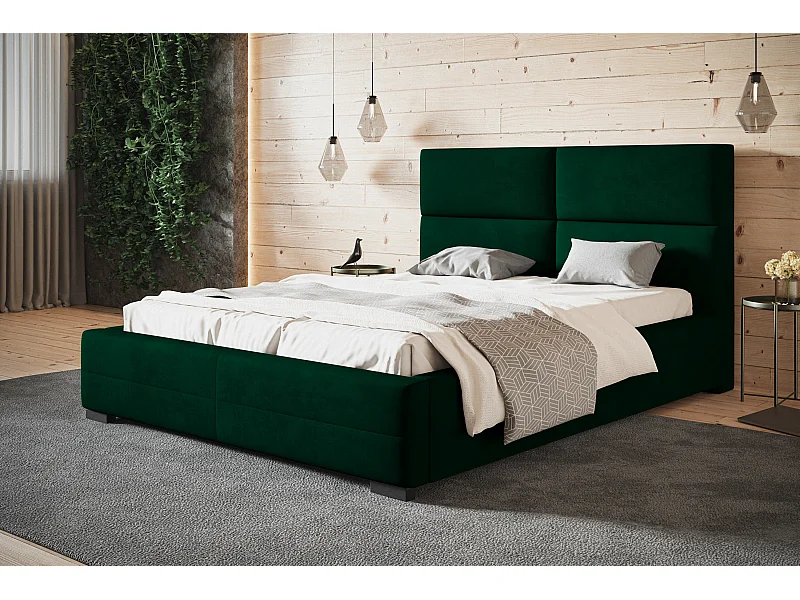 Lit rembourré Lisbonne avec tête de lit, 160x200 cm, lit double avec coffre de rangement et sommier à lattes en bois, tissu velours, couleur : bleu foncé