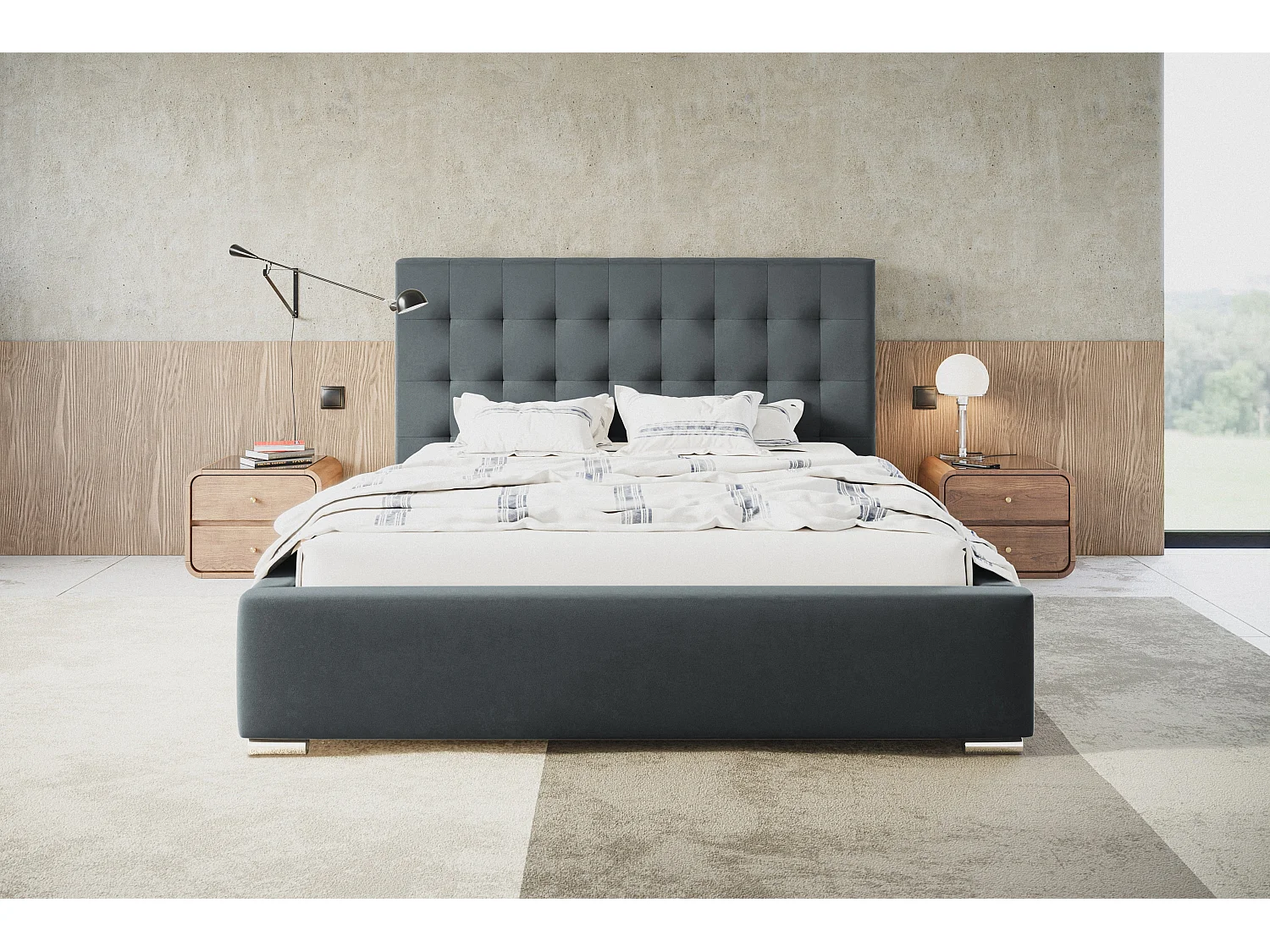 Lit rembourré RIO avec tête de lit, 180x200 cm,  avec coffre de rangement et sommier à lattes en bois, tissu velours, couleur: gris foncé