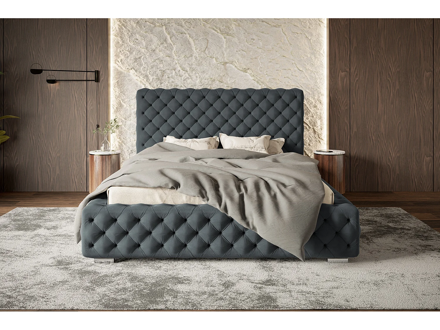 Lit rembourré Miami avec tête de lit, 180x200 cm,  avec coffre de rangement et sommier à lattes en bois, tissu velours, couleur: bleu foncé