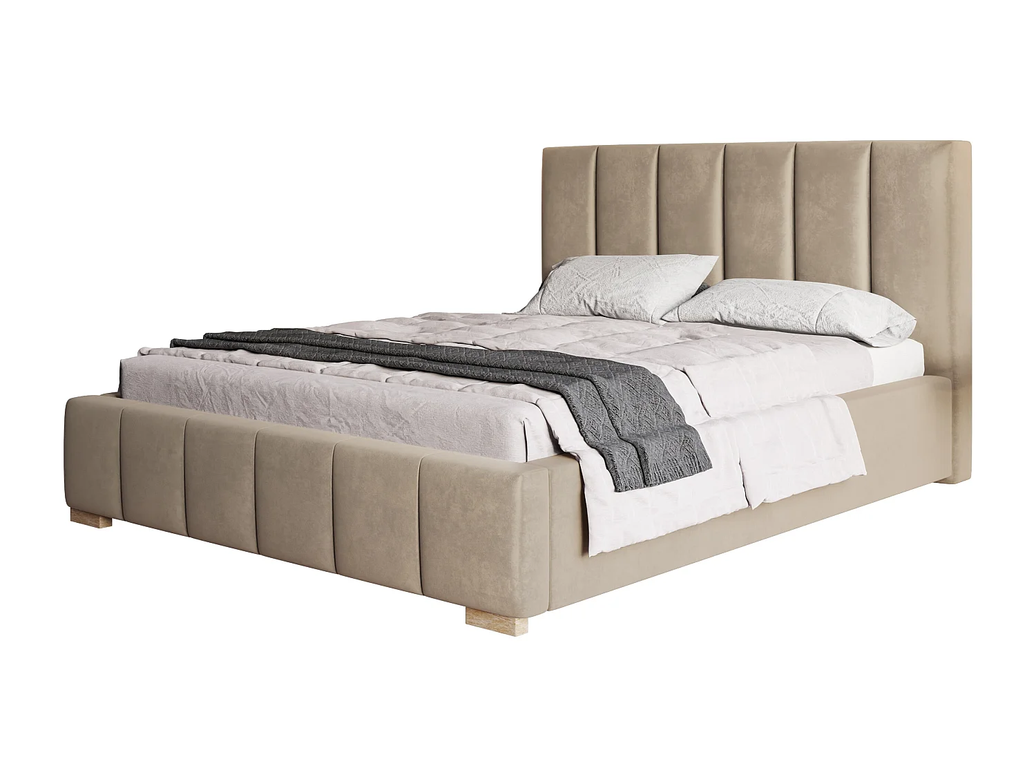 Lit rembourré Tokio avec tête de lit, 160x200 cm,  avec coffre de rangement et sommier à lattes en bois, tissu velours, couleur: beige