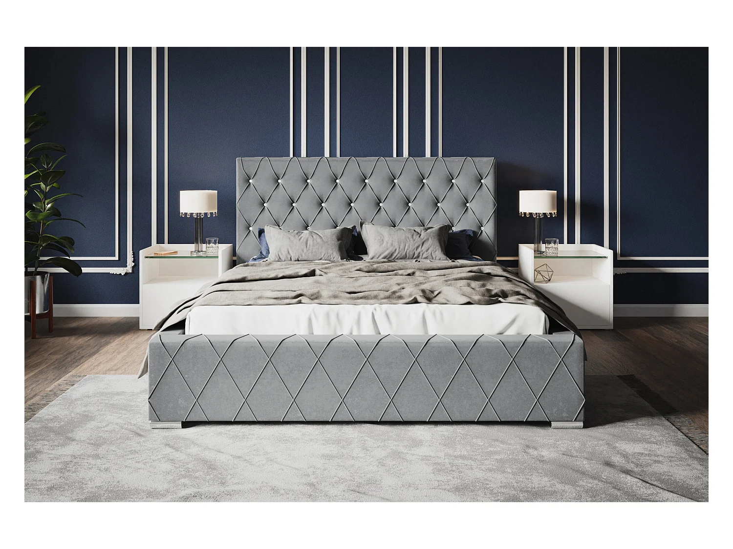 Lit rembourré Berlin avec tête de lit, 120x200 cm, lit double avec coffre de rangement et sommier à lattes en bois, tissu velours, couleur : gris
