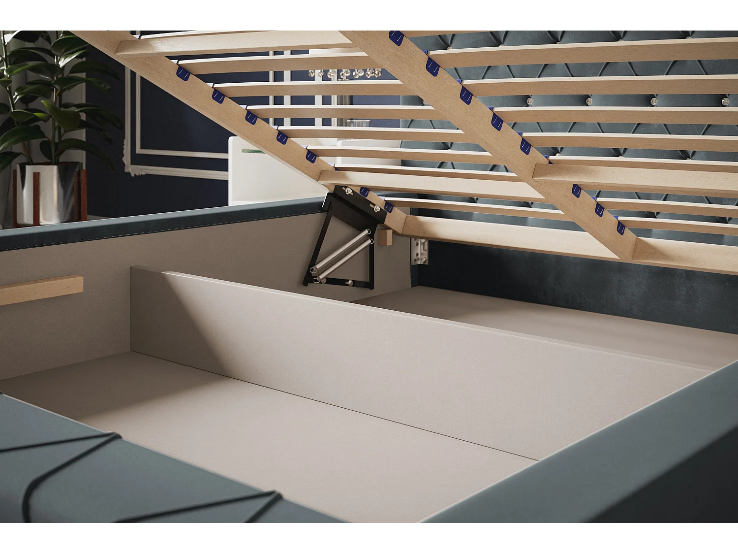 Lit rembourré Berlin avec tête de lit, 120x200 cm, lit double avec coffre de rangement et sommier à lattes en bois, tissu velours, couleur : gris