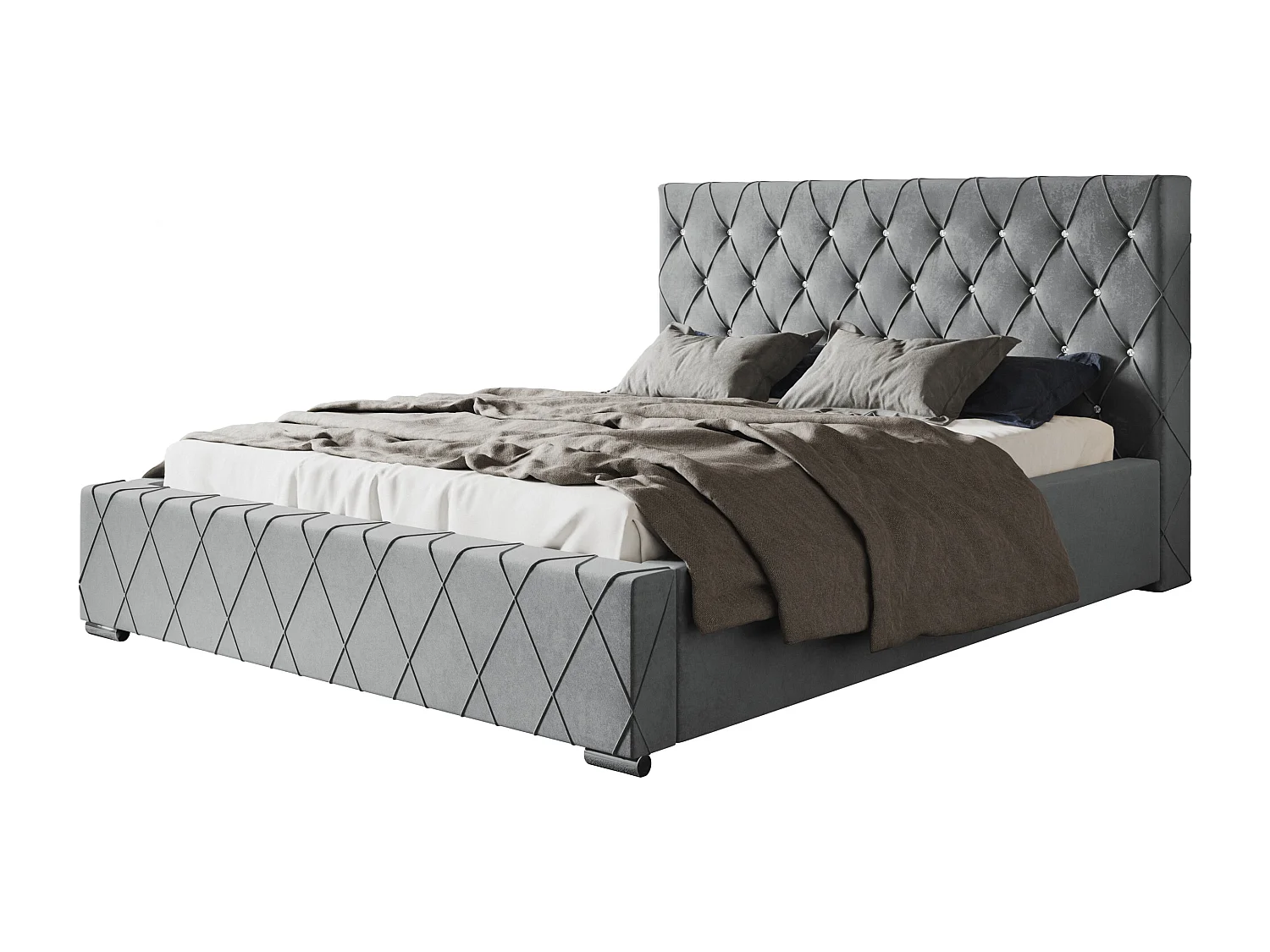 Lit rembourré Berlin avec tête de lit, 120x200 cm,  avec coffre de rangement et sommier à lattes en bois, tissu velours, couleur: gris