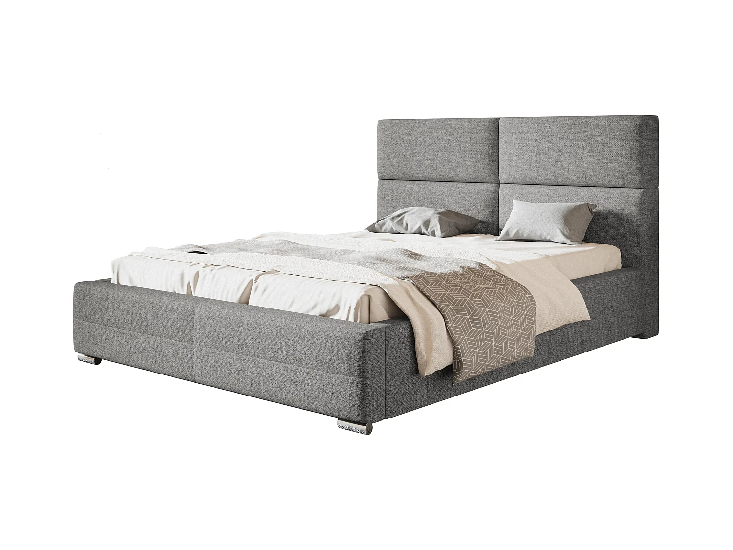 Lit rembourré Lisbonne avec tête de lit, 160x200 cm, lit double avec coffre de rangement et sommier à lattes en bois, tissu structuré, couleur : gris