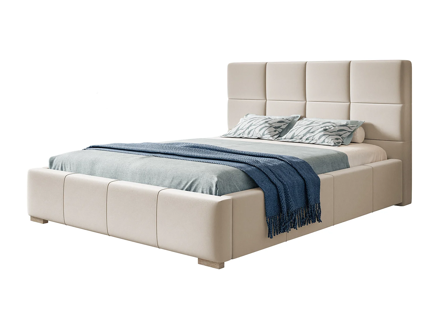 Lit rembourré Rom avec tête de lit, 180x200 cm, lit double avec coffre de rangement et sommier à lattes en bois, tissu velours, couleur : sable