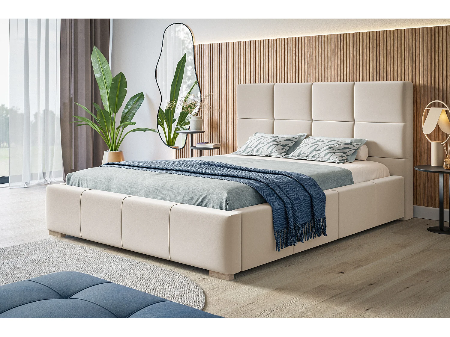 Lit rembourré Rom avec tête de lit, 180x200 cm,  avec coffre de rangement et sommier à lattes en bois, tissu velours, couleur: sable