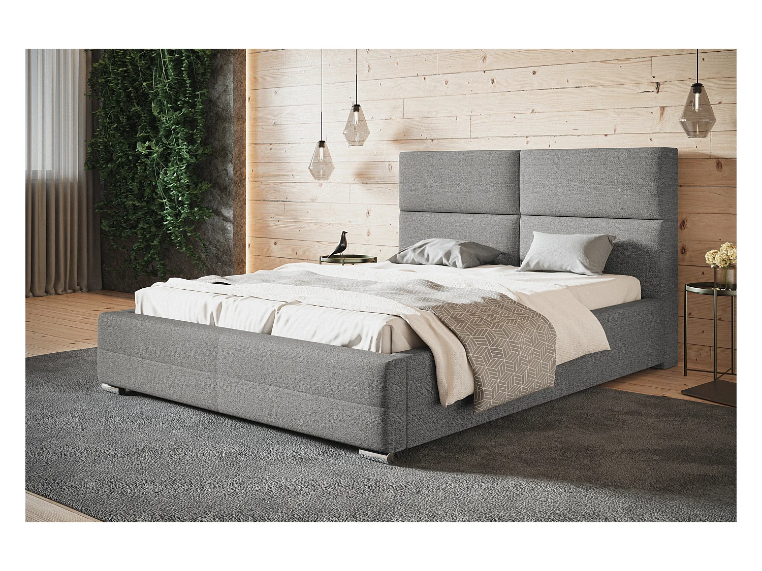 Lit rembourré Lisbonne avec tête de lit, 180x200 cm, lit double avec coffre de rangement et sommier à lattes en bois, tissu structuré, couleur : gris