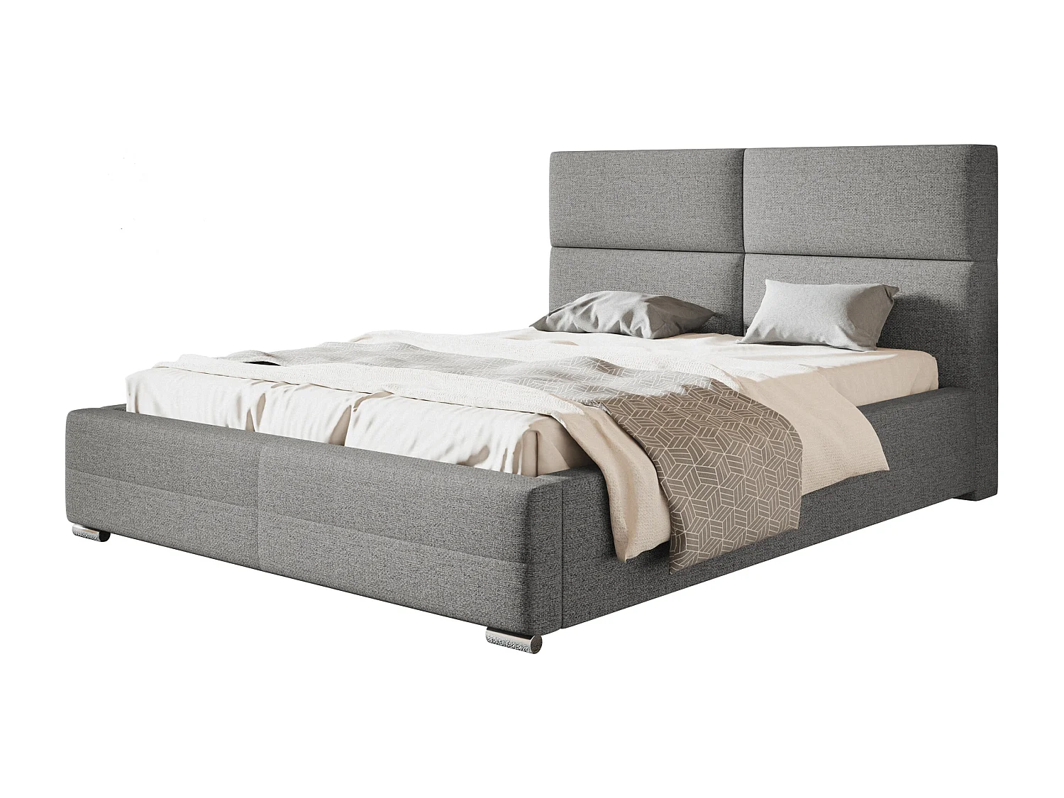 Lit rembourré Lisbonne avec tête de lit, 180x200 cm,  avec coffre de rangement et sommier à lattes en bois, tissu structuré, couleur: gris