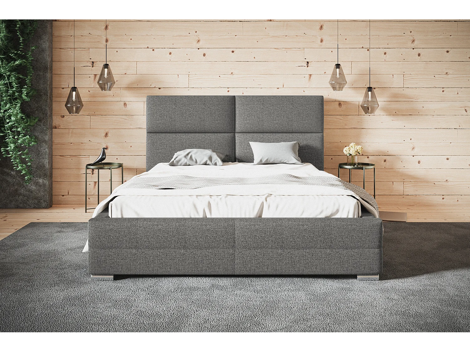 Lit rembourré Lisbonne avec tête de lit, 180x200 cm,  avec coffre de rangement et sommier à lattes en bois, tissu structuré, couleur: gris
