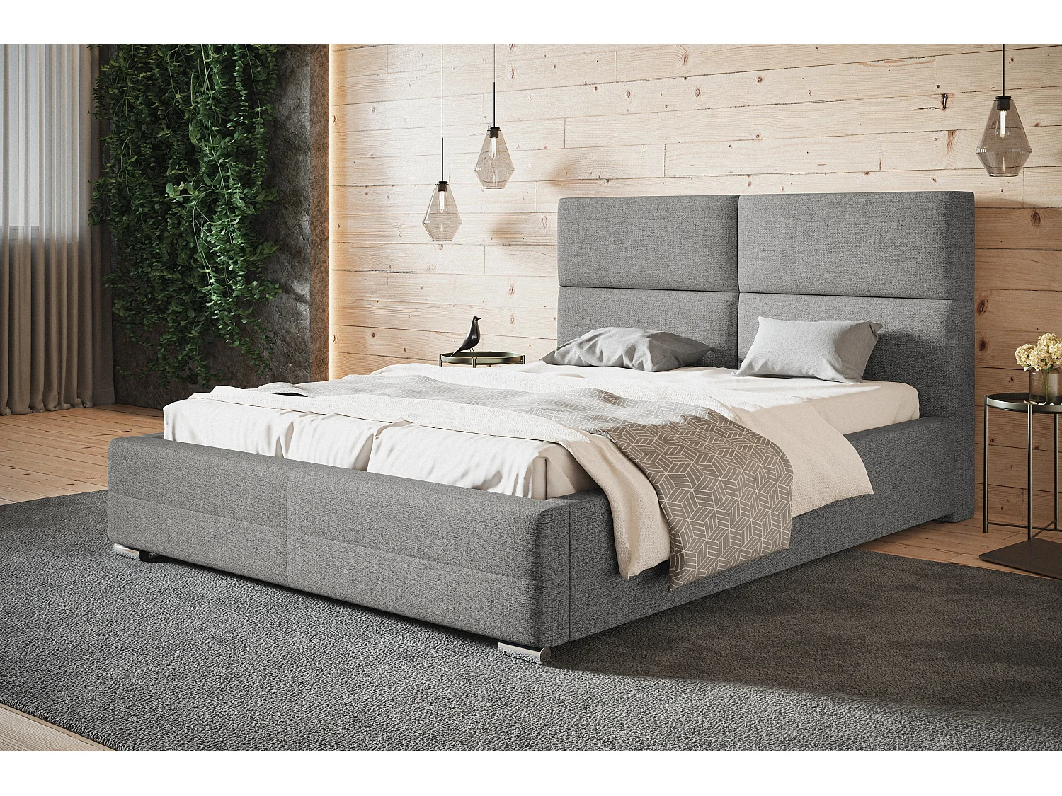Lit rembourré Lisbonne avec tête de lit, 180x200 cm,  avec coffre de rangement et sommier à lattes en bois, tissu structuré, couleur: gris