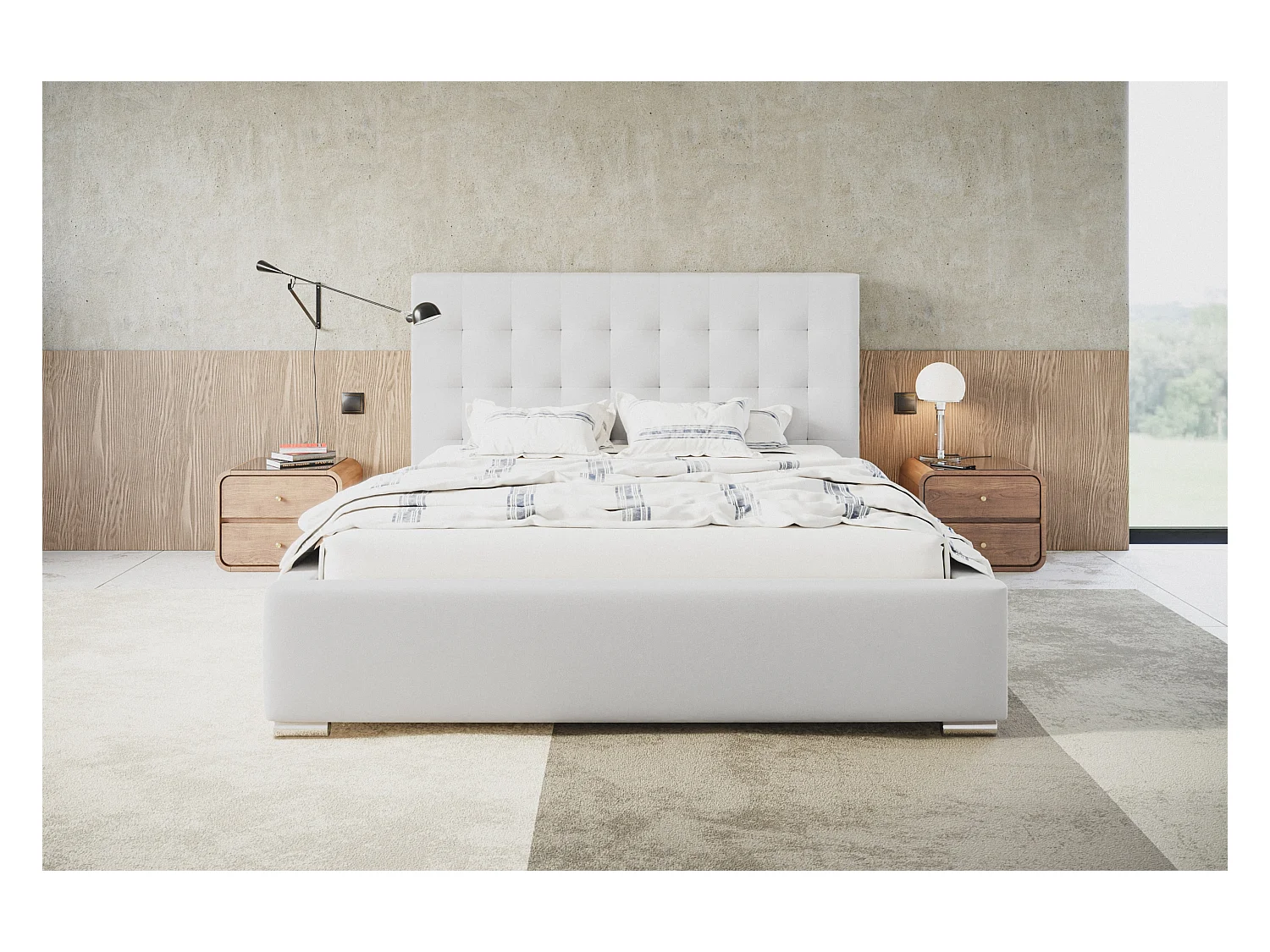 Lit rembourré RIO avec tête de lit, 160x200 cm, lit double avec coffre de rangement et sommier à lattes en bois, similicuir, couleur : blanc