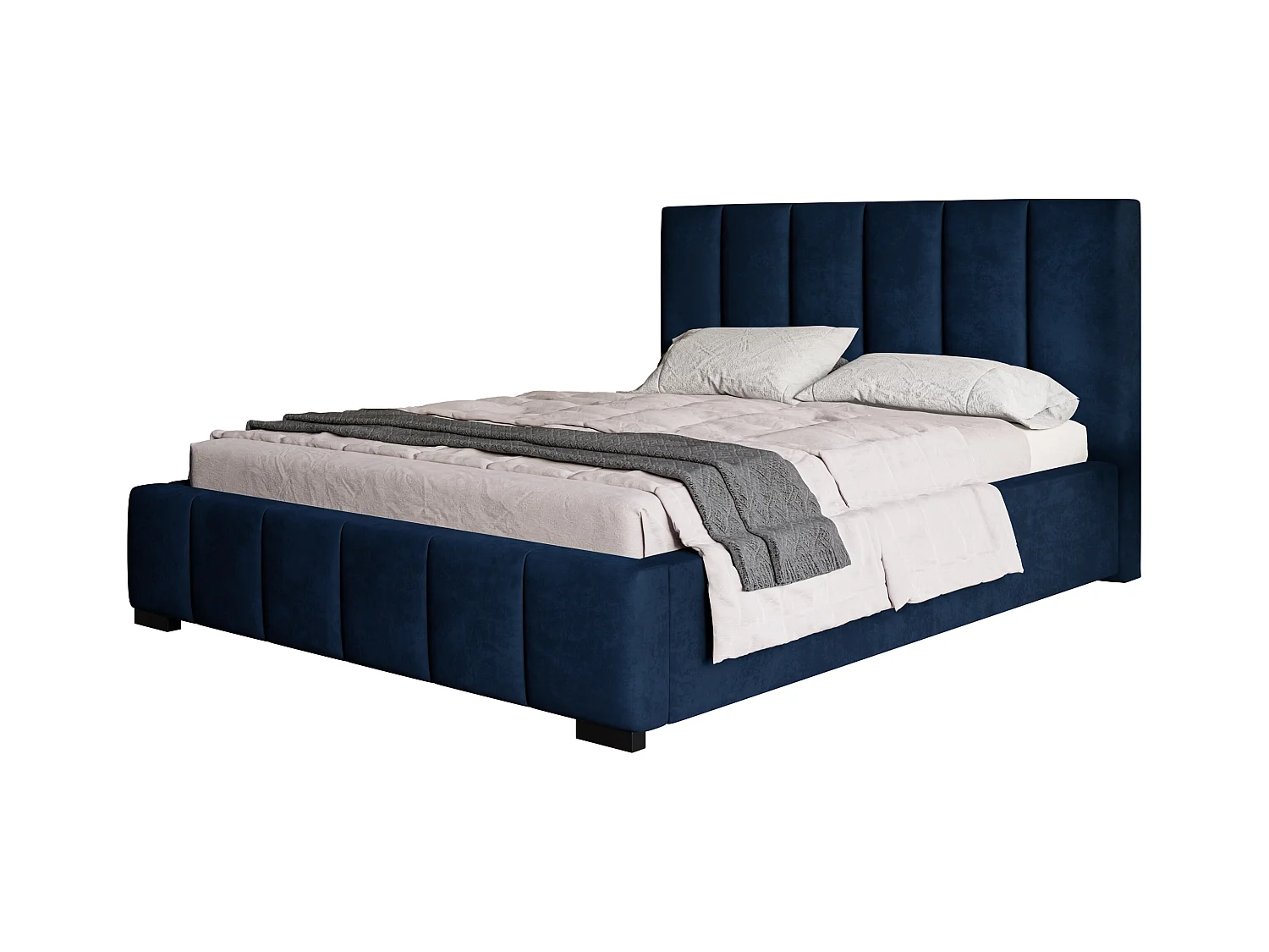 Lit rembourré Tokio avec tête de lit, 160x200 cm, lit double avec coffre de rangement et sommier à lattes en bois, tissu velours, couleur : bleu foncé